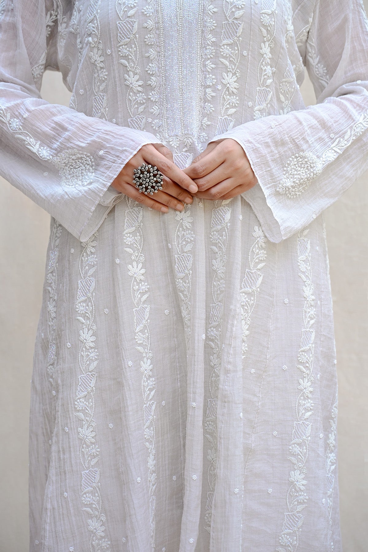 Ash White Tissue Chanderi Chikankari Co-ord Set