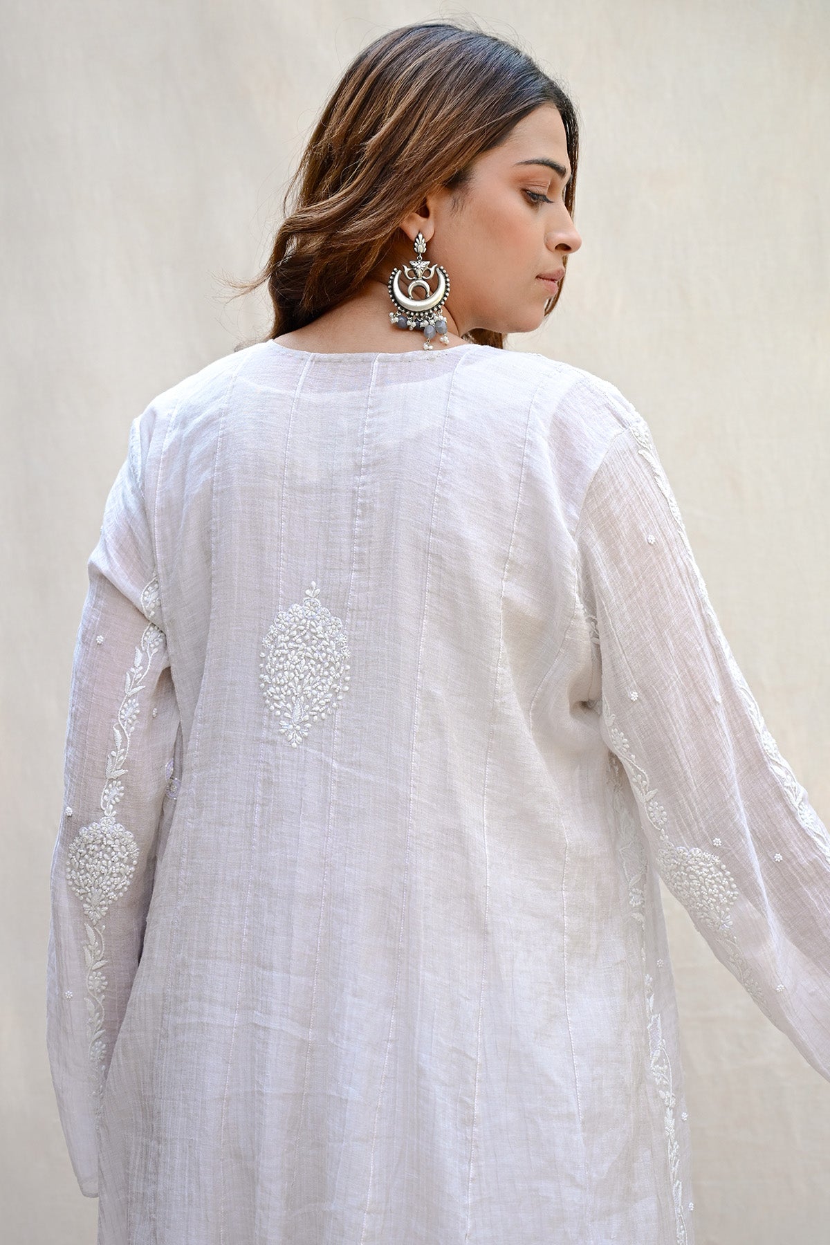Ash White Tissue Chanderi Chikankari Co-ord Set