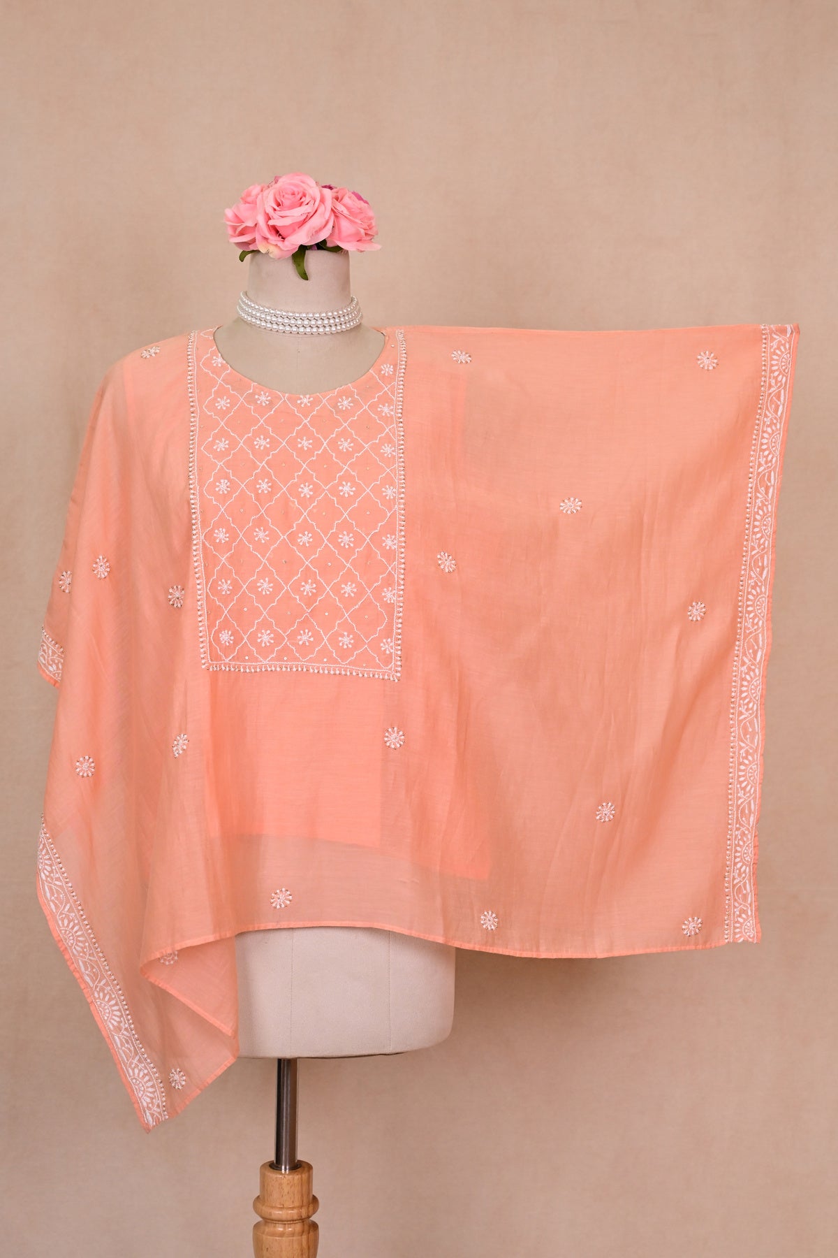 Light Peach Chanderi Chikankari Kaftan