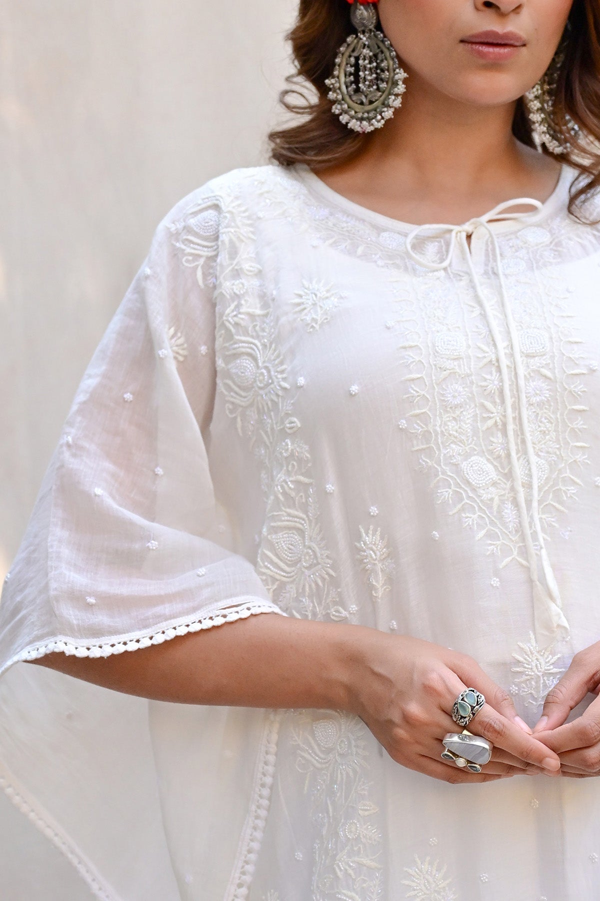 White Mul Chanderi Chikankari Kaftan