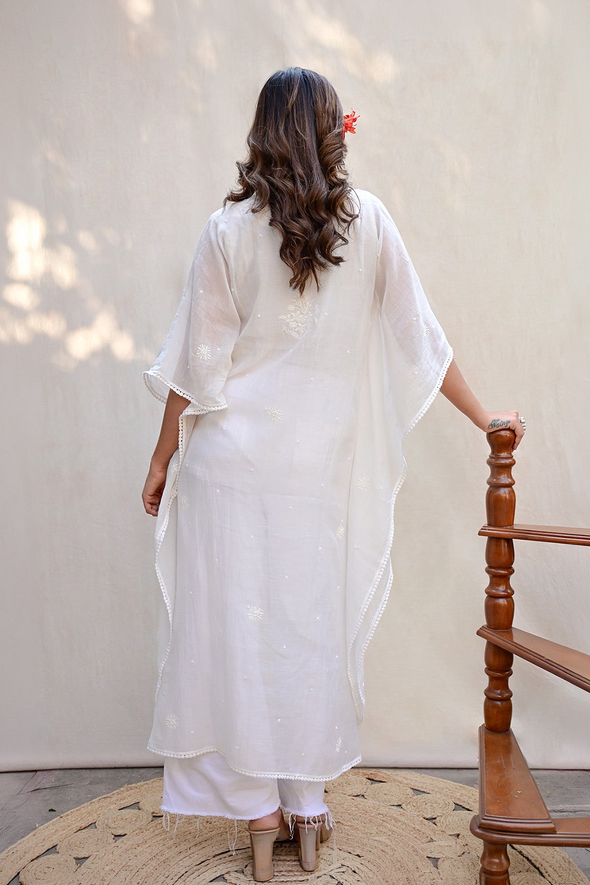 White Mul Chanderi Chikankari Kaftan