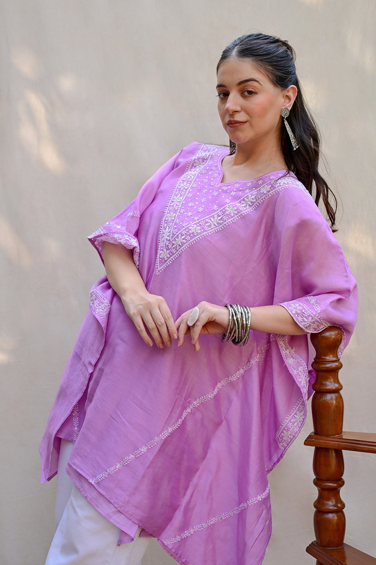 Dark Lavender Banarasi Chanderi Chikankari Kaftan