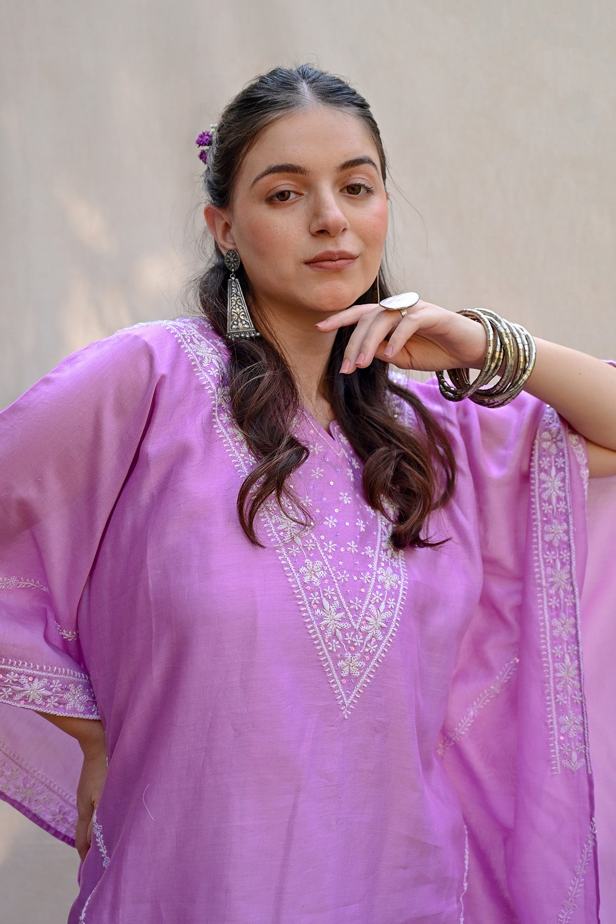 Dark Lavender Banarasi Chanderi Chikankari Kaftan