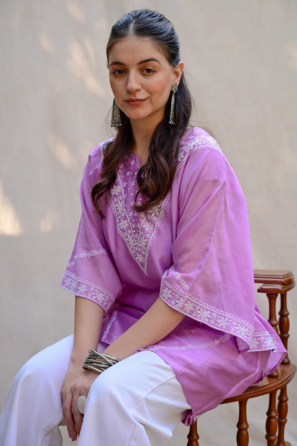 Dark Lavender Banarasi Chanderi Chikankari Kaftan