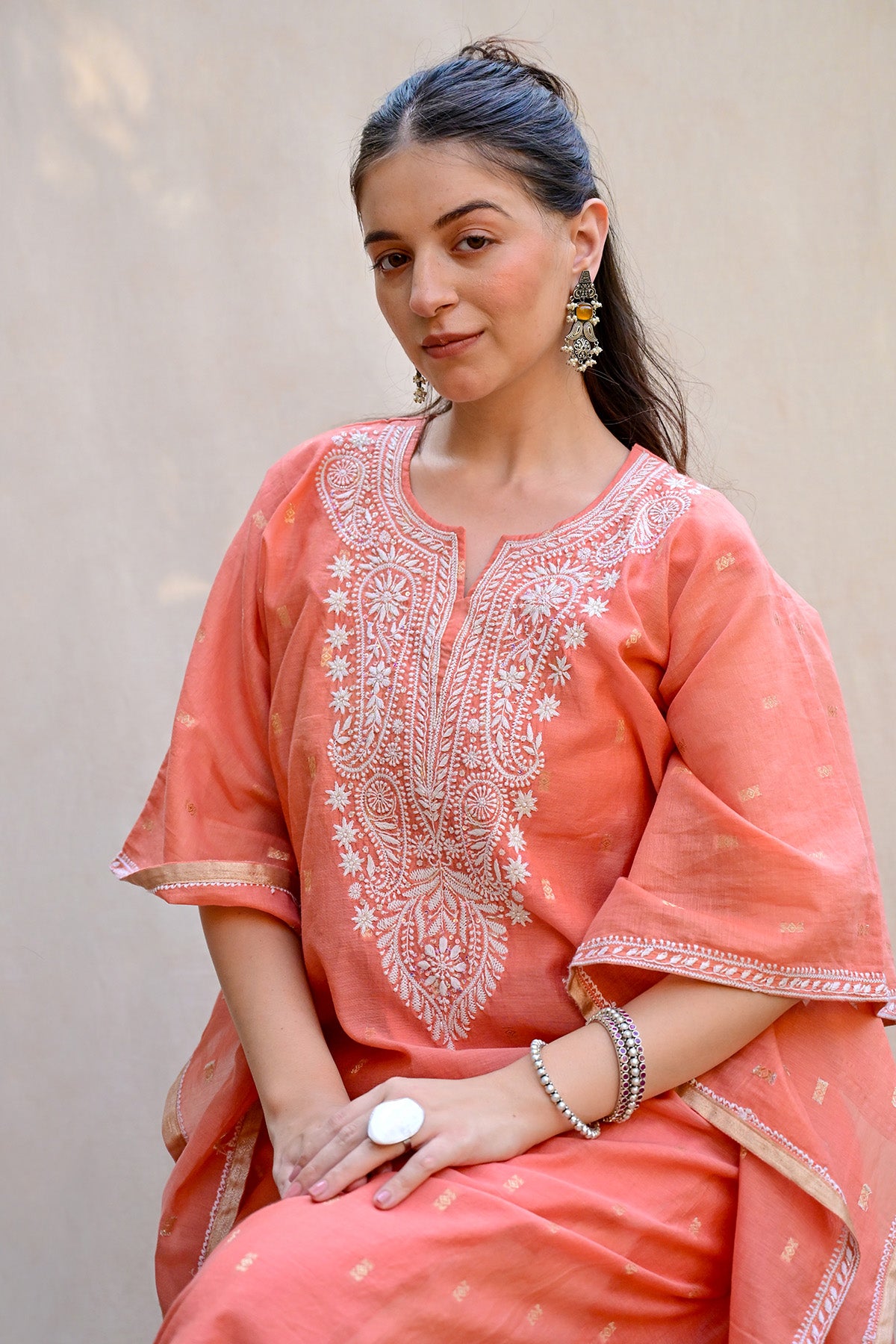 Peach Orange Banarasi Chanderi Chikankari Kaftan
