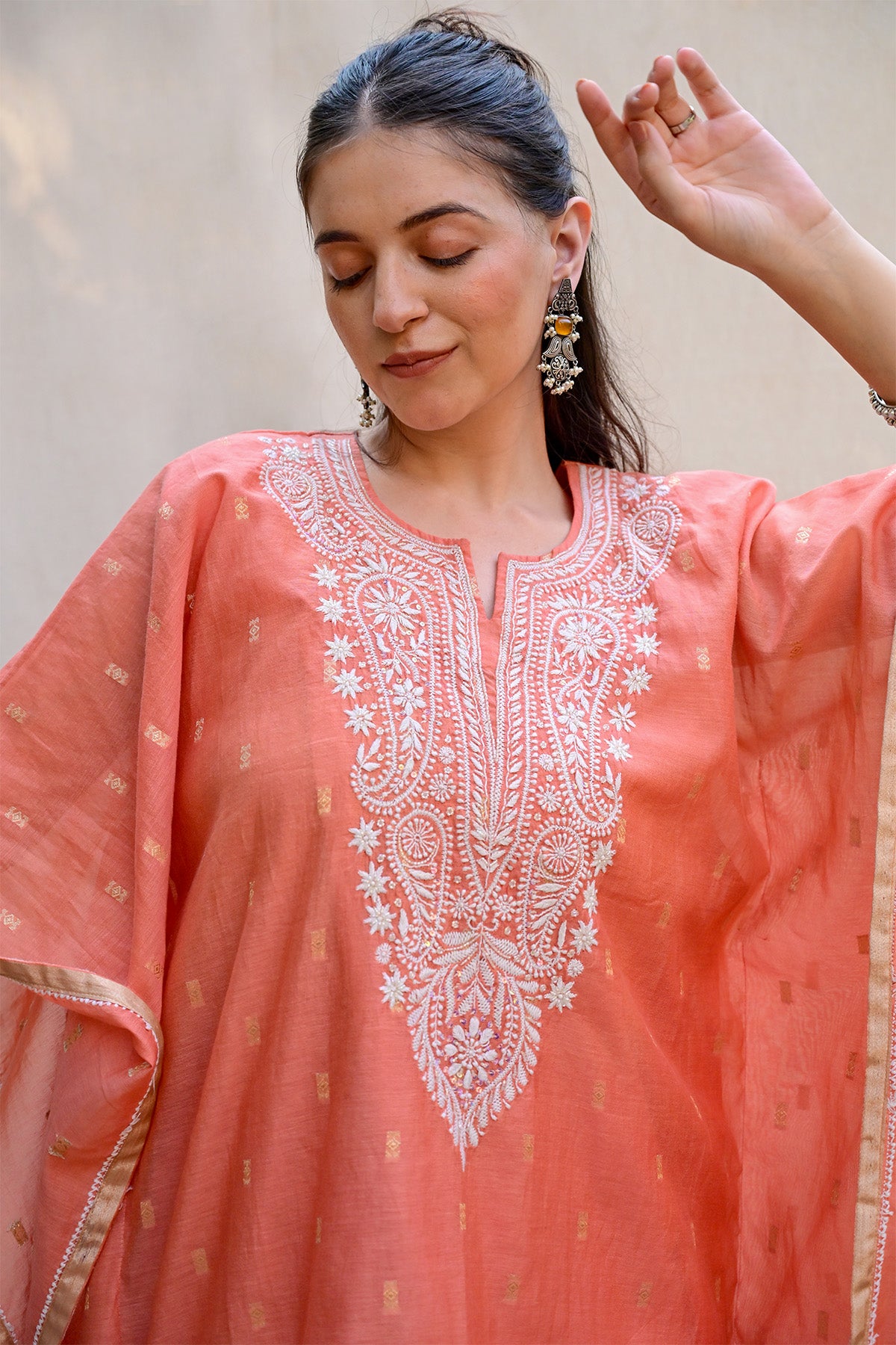 Peach Orange Banarasi Chanderi Chikankari Kaftan