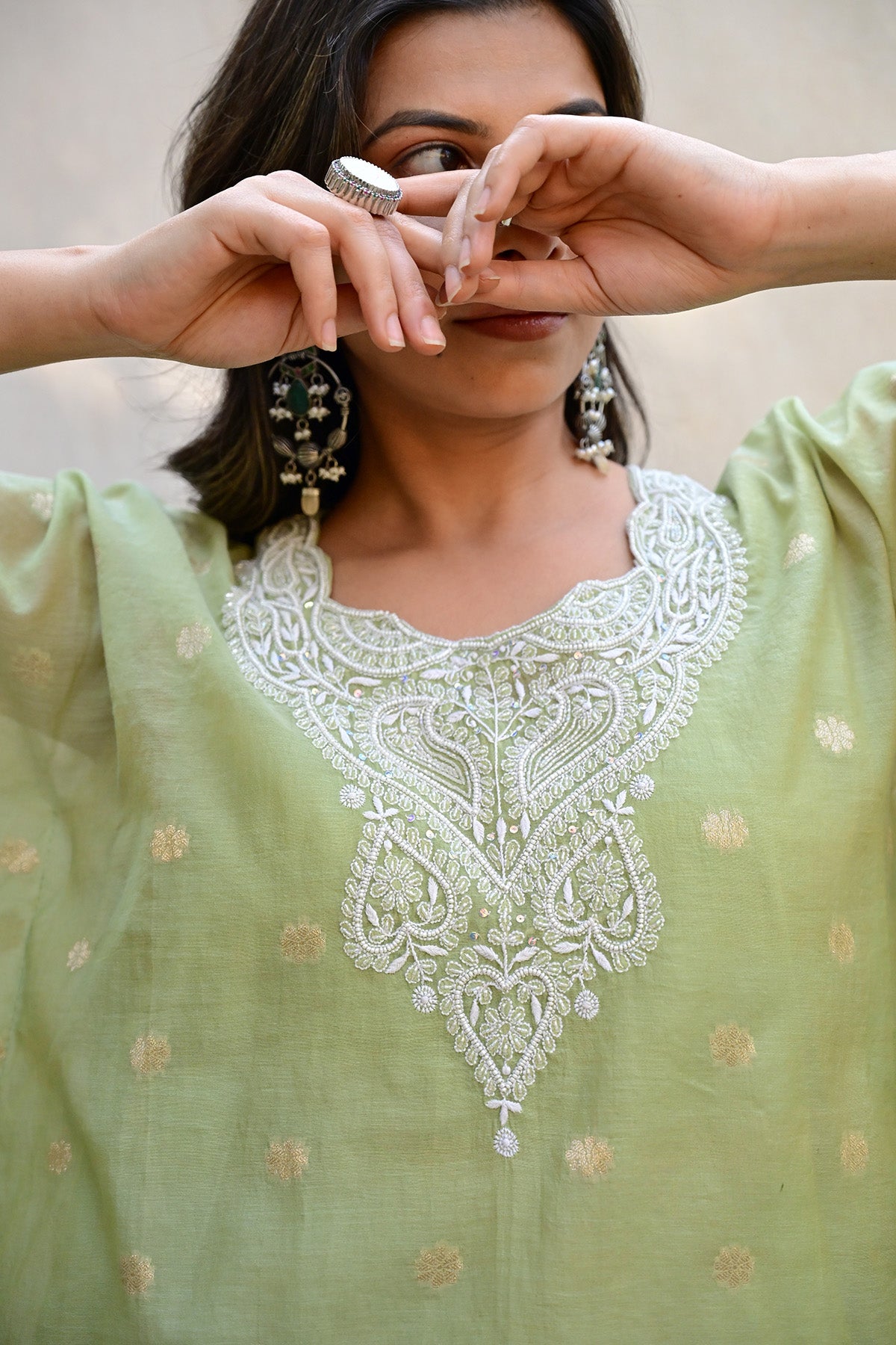 Sage Green Banarasi Chanderi Chikankari Kaftan