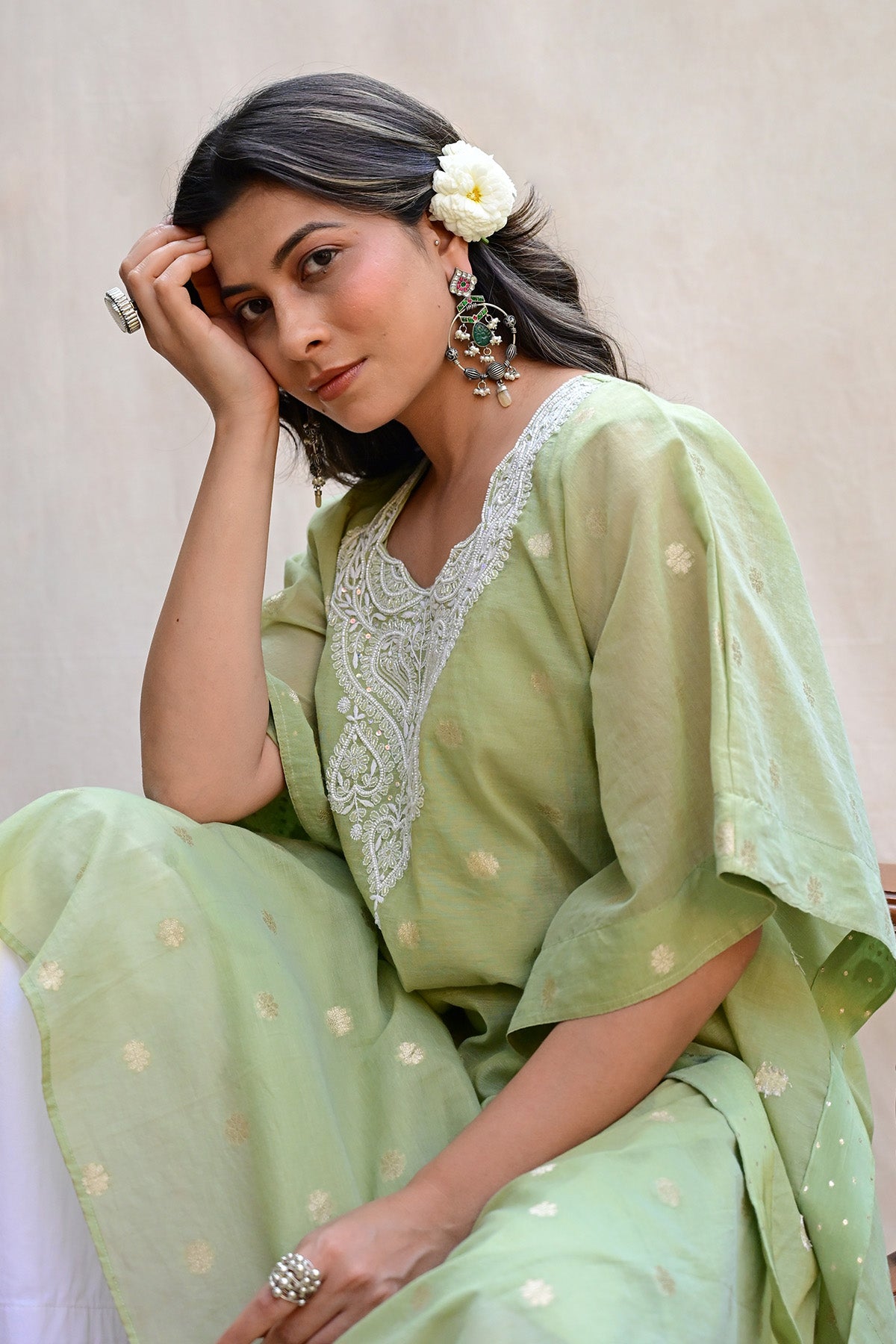 Sage Green Banarasi Chanderi Chikankari Kaftan
