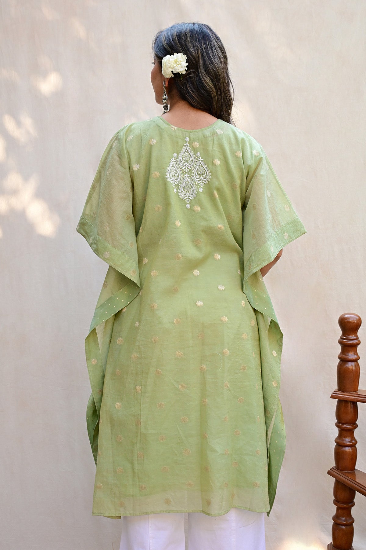 Sage Green Banarasi Chanderi Chikankari Kaftan