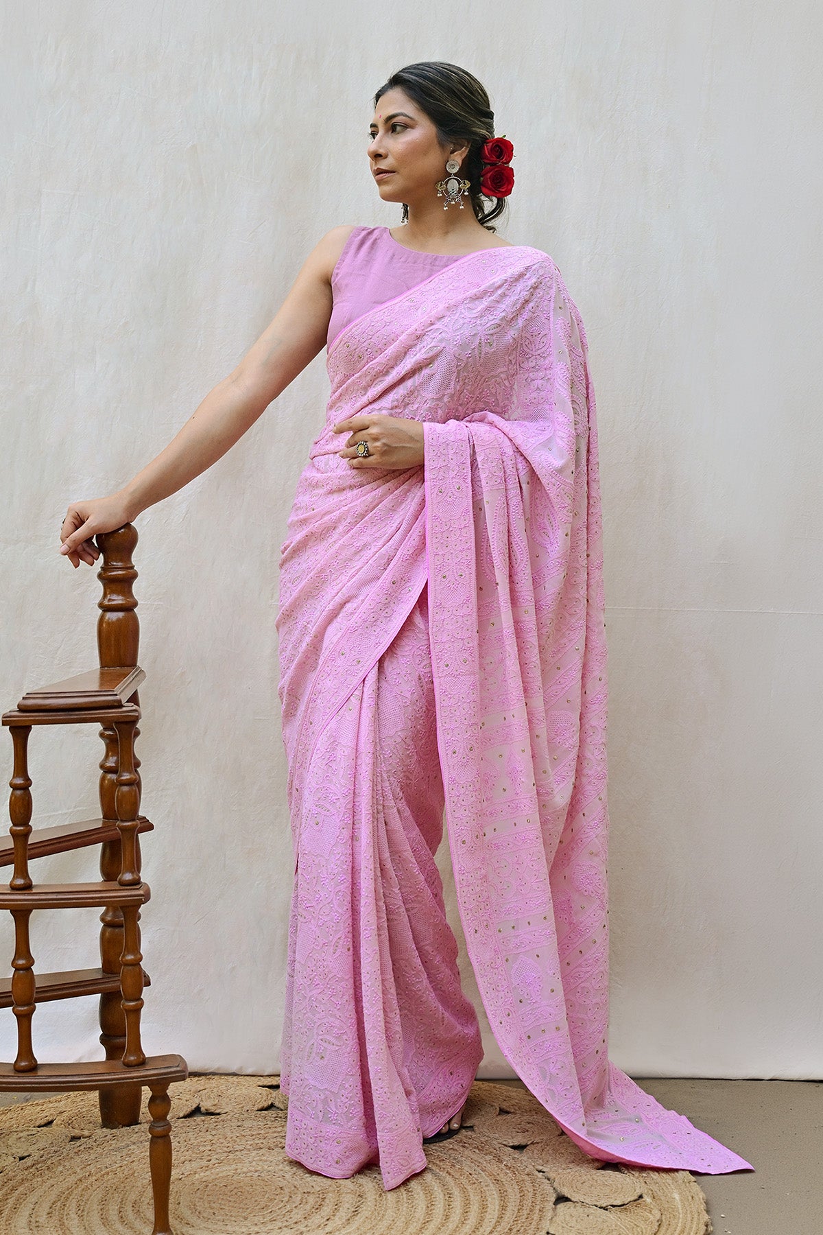 Light Pink Georgette Chikankari Saree