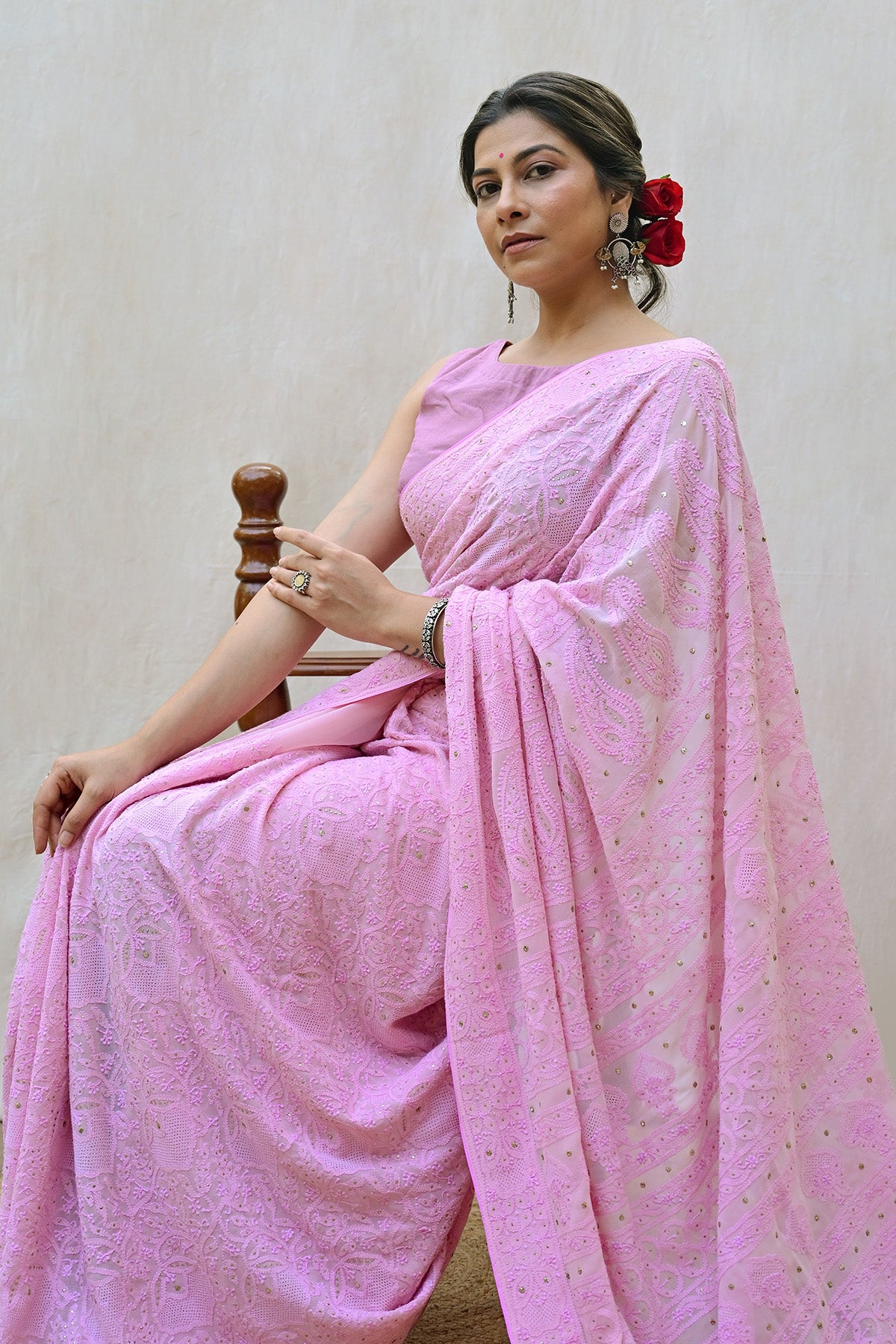 Light Pink Georgette Chikankari Saree