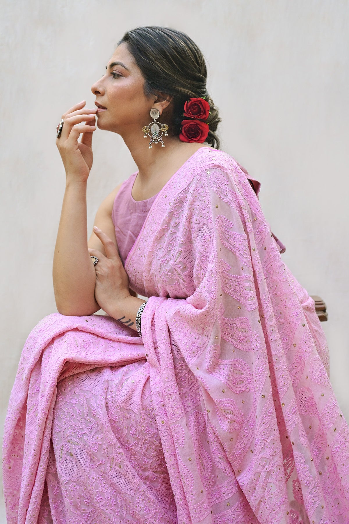 Light Pink Georgette Chikankari Saree
