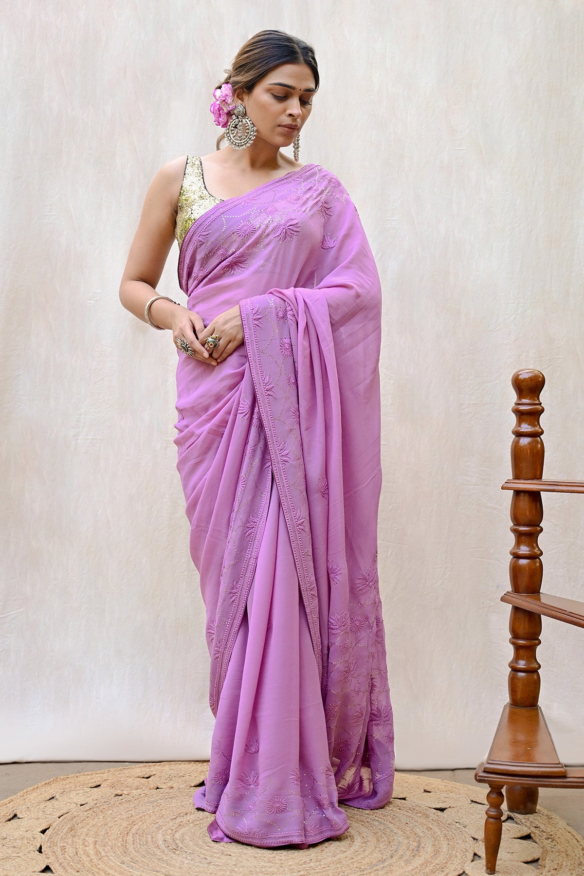 Dark Lavender Viscose Georgette Chikankari Saree
