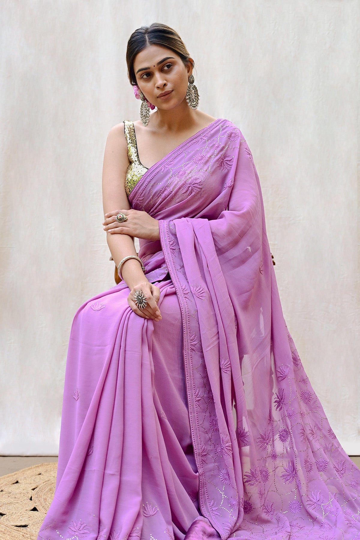 Dark Lavender Viscose Georgette Chikankari Saree