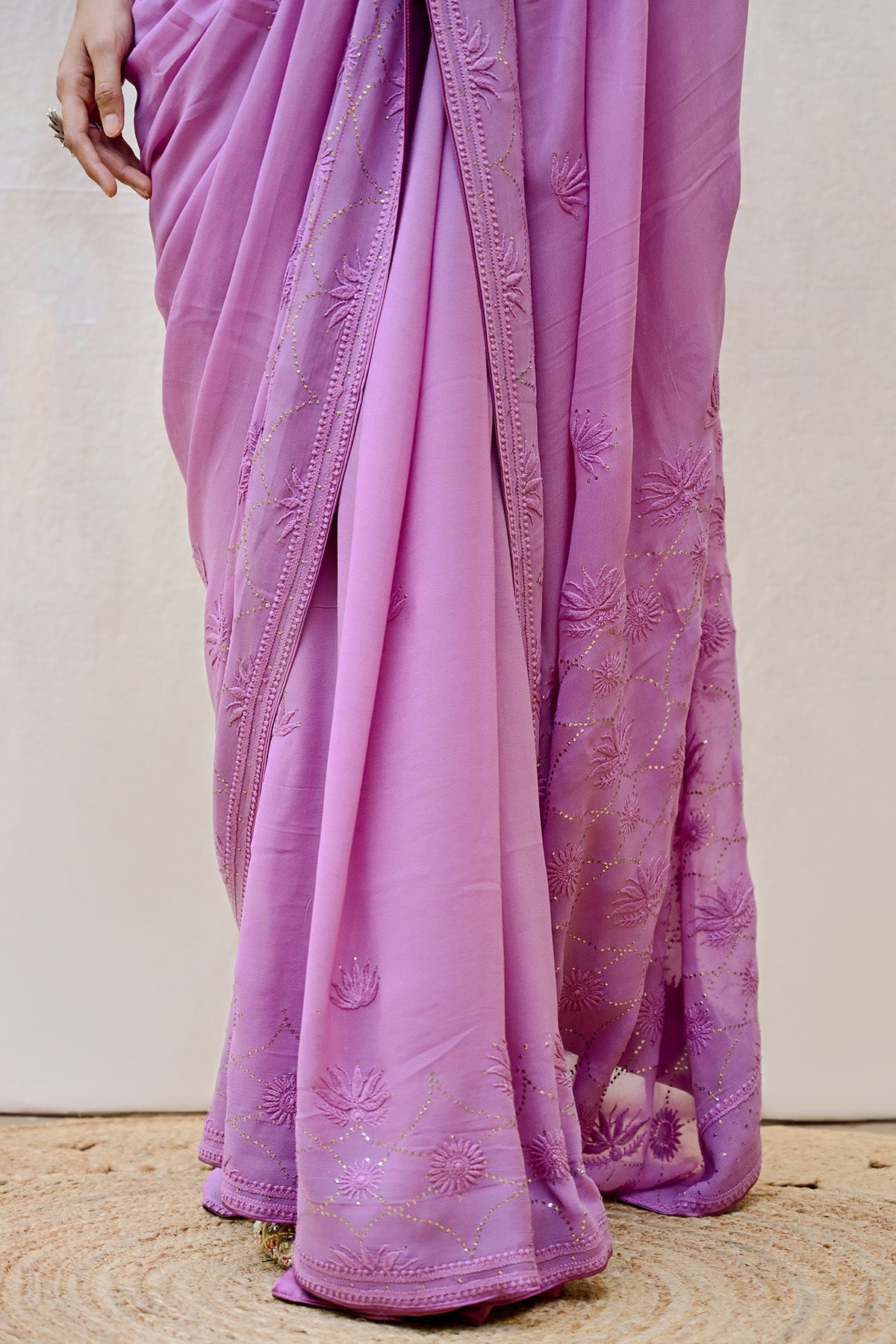 Dark Lavender Viscose Georgette Chikankari Saree