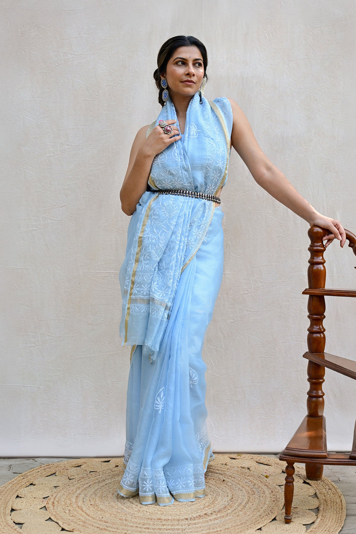 Light Blue Kota Silk Chikankari Saree