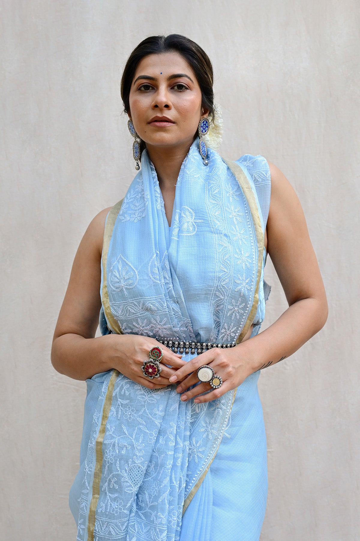 Light Blue Kota Silk Chikankari Saree