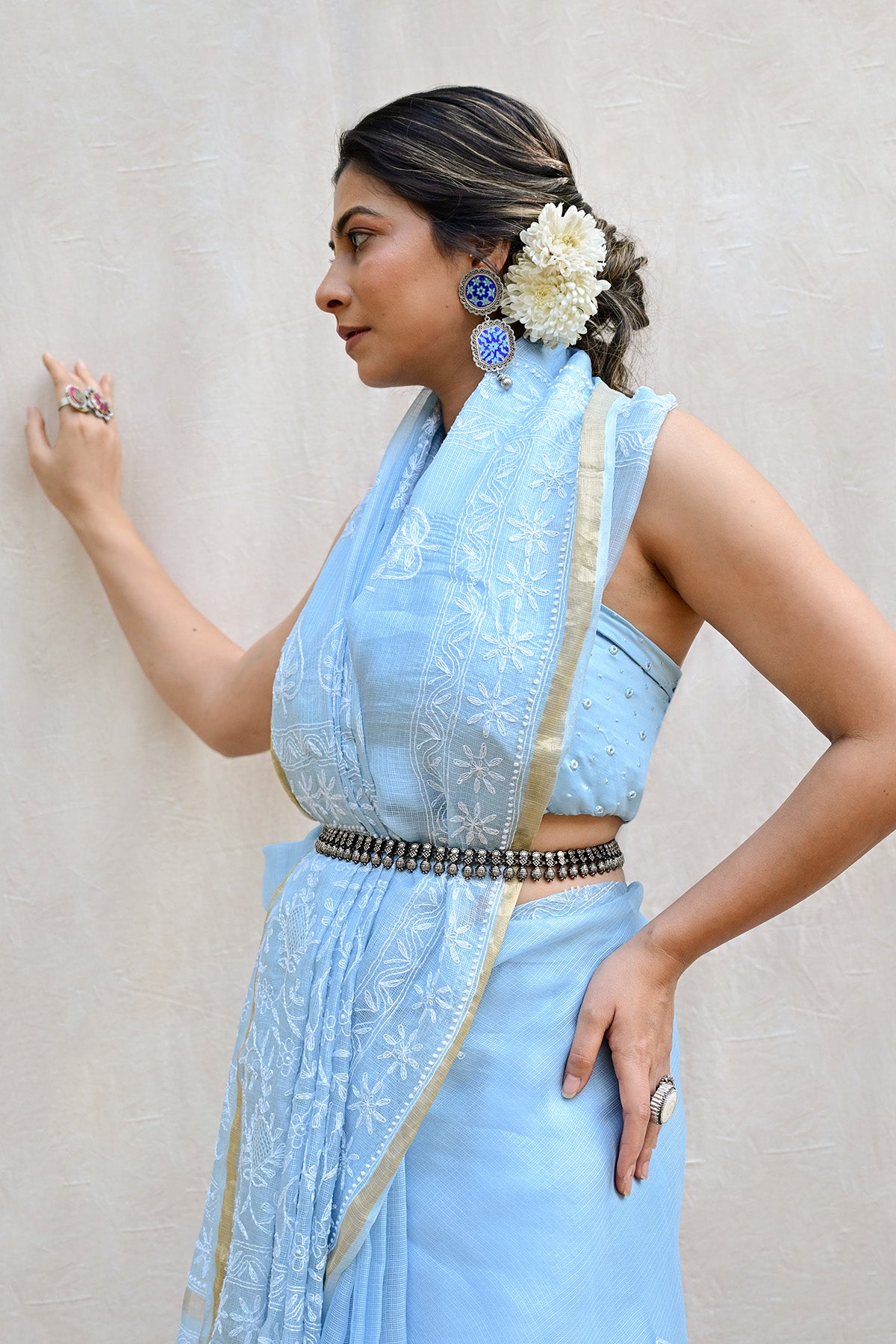 Light Blue Kota Silk Chikankari Saree