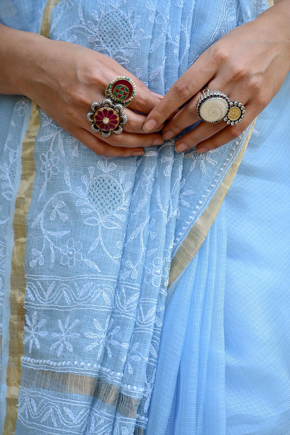 Light Blue Kota Silk Chikankari Saree