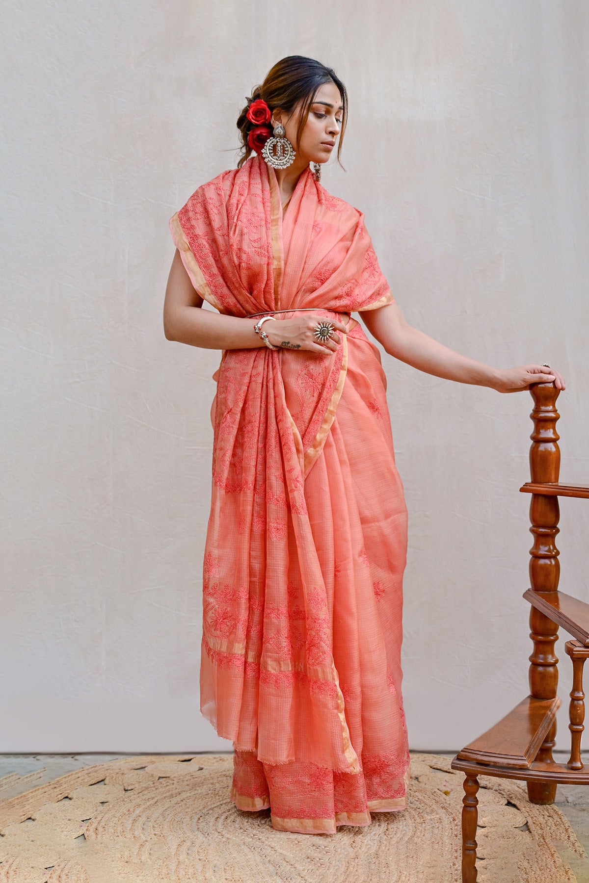 Light Red Ochre Kota Silk Chikankari Saree
