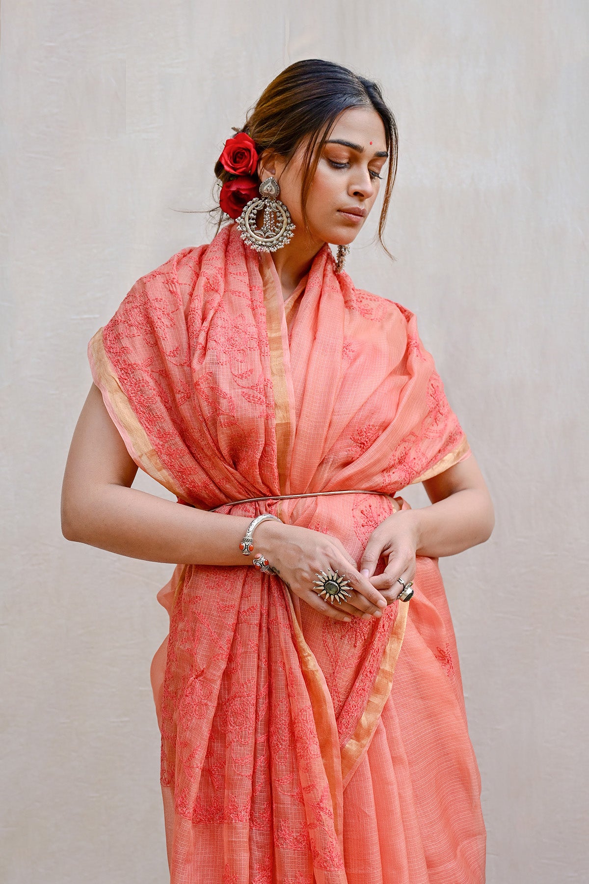 Light Red Ochre Kota Silk Chikankari Saree