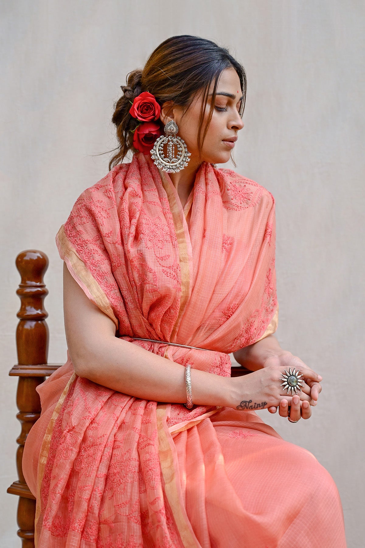 Light Red Ochre Kota Silk Chikankari Saree