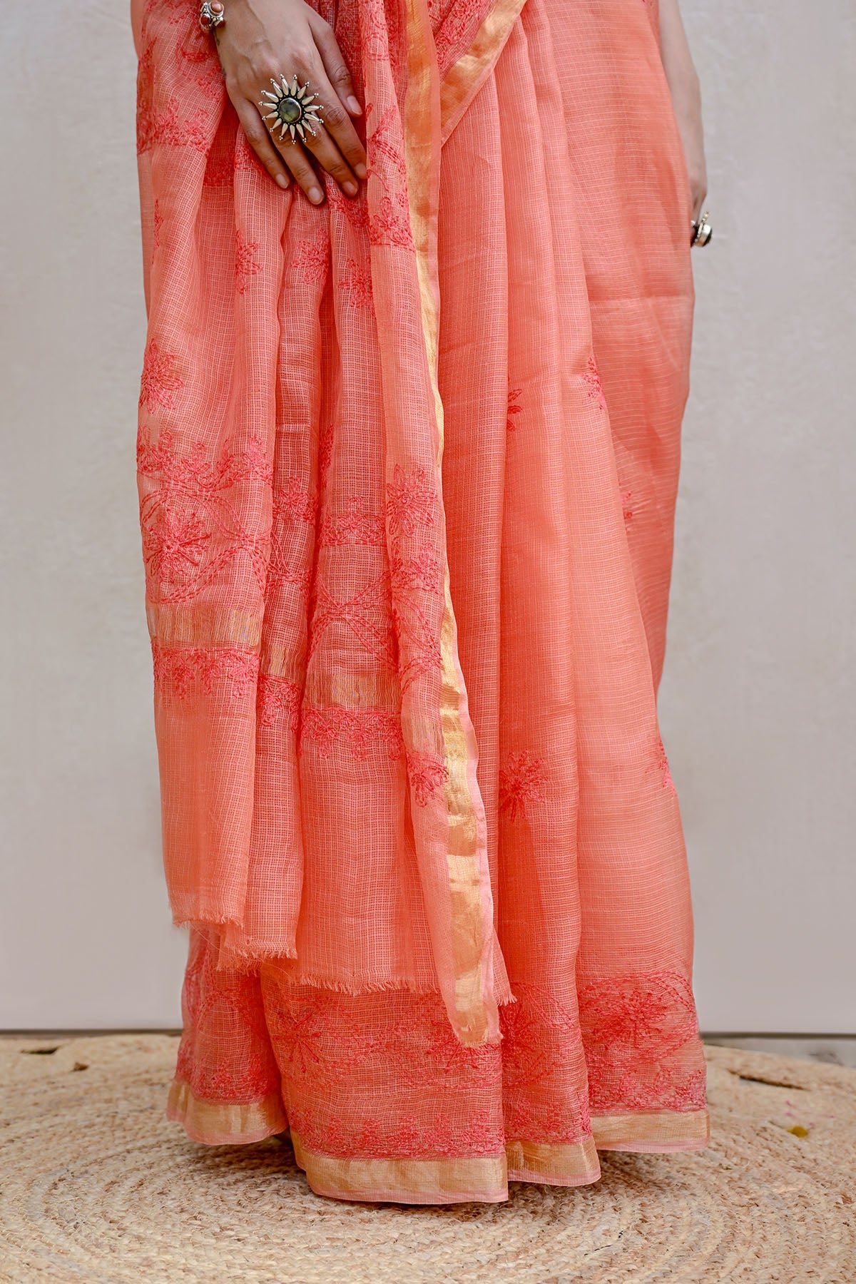 Light Red Ochre Kota Silk Chikankari Saree