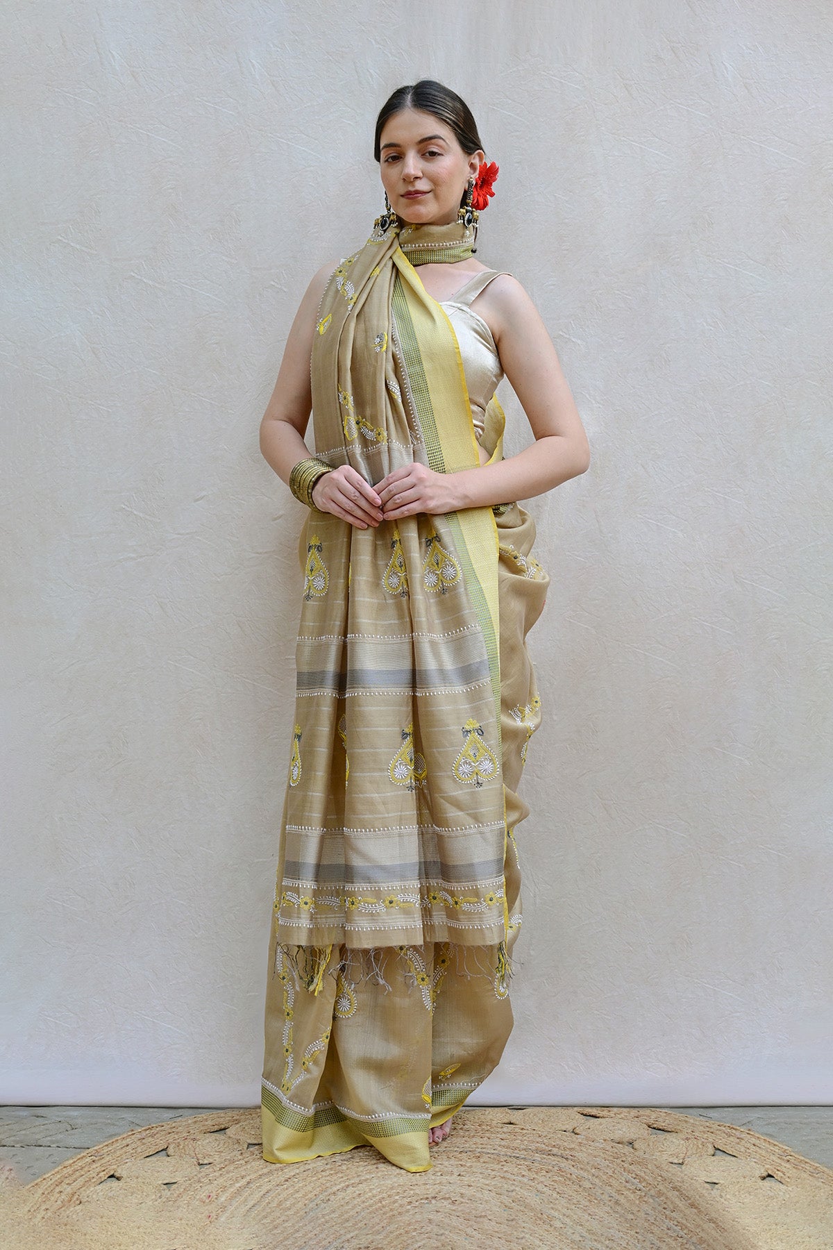 Beige Maheswari Silk Chikankari Saree