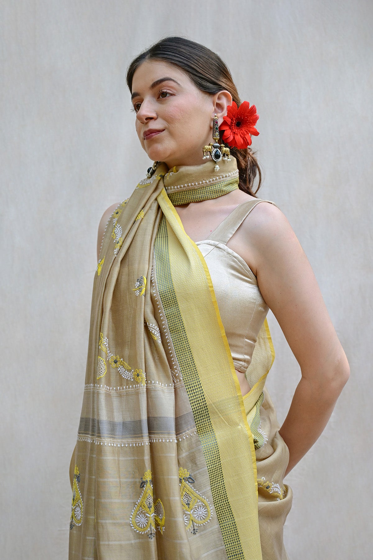 Beige Maheswari Silk Chikankari Saree