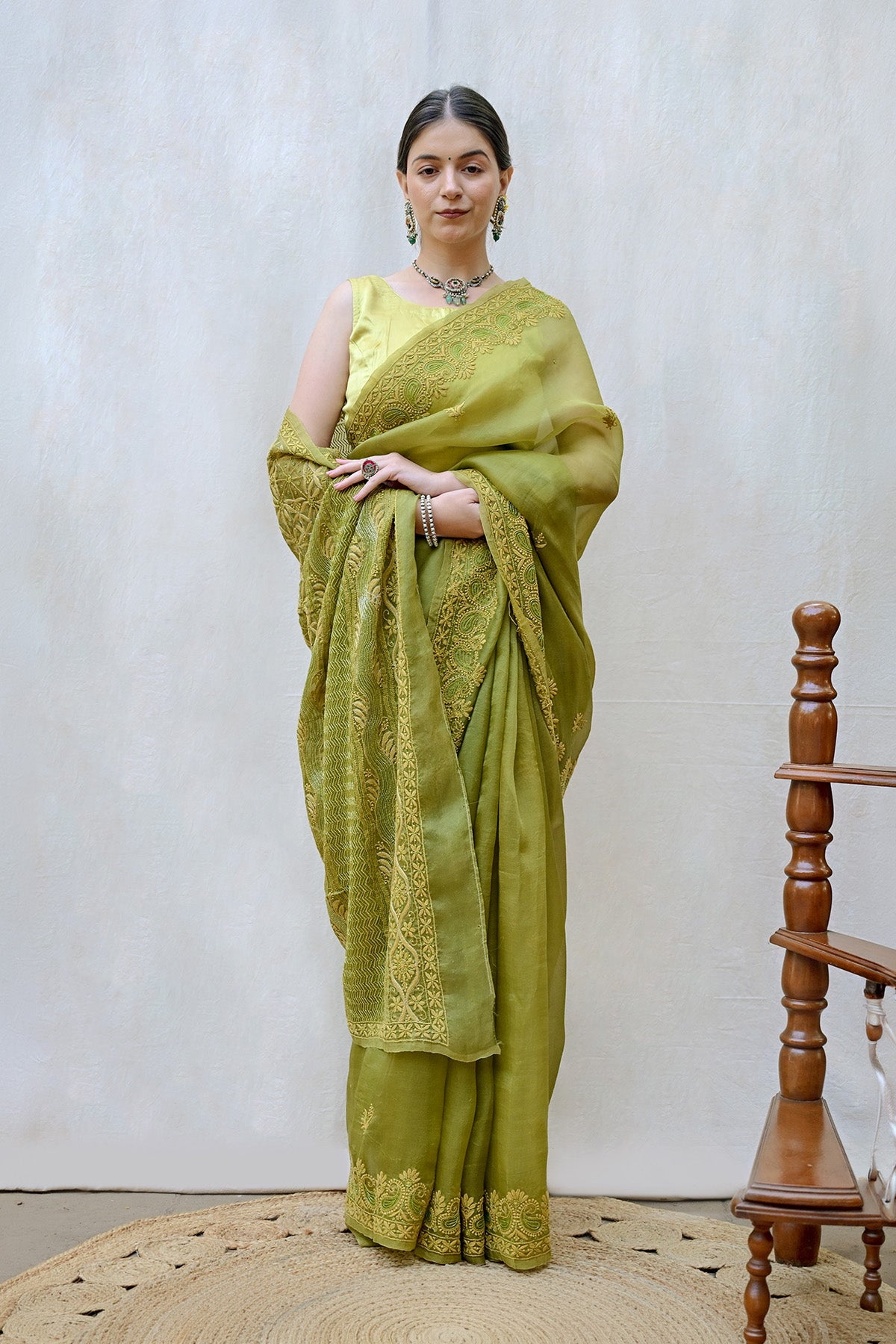Olive Green Pure Organza Silk Chikankari Saree