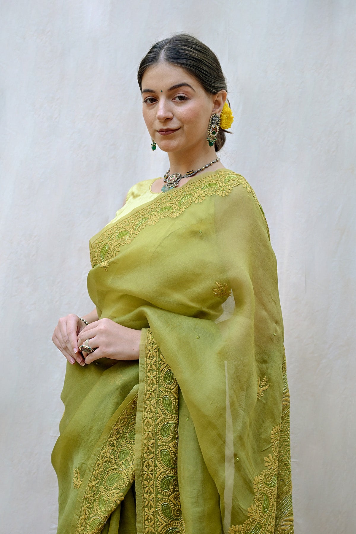 Olive Green Pure Organza Silk Chikankari Saree