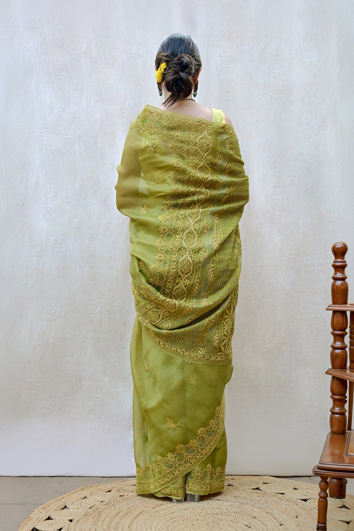 Olive Green Pure Organza Silk Chikankari Saree