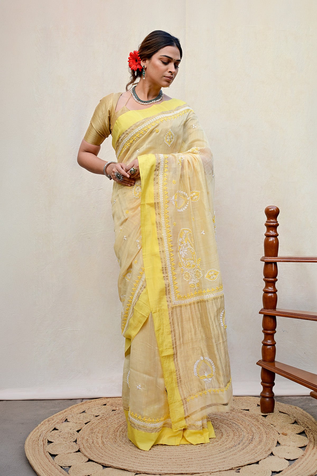 Light Yellow Chanderi Chikankari Saree