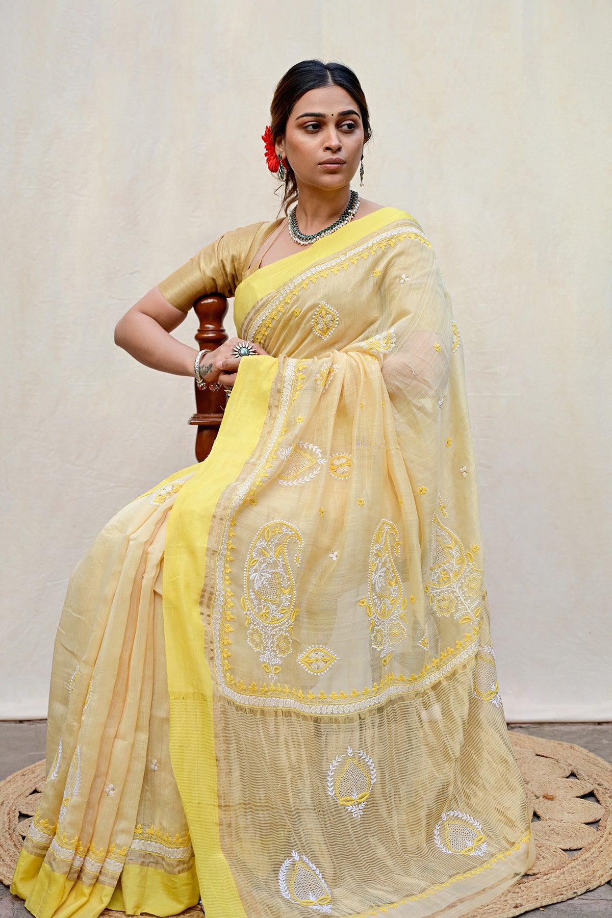Light Yellow Chanderi Chikankari Saree