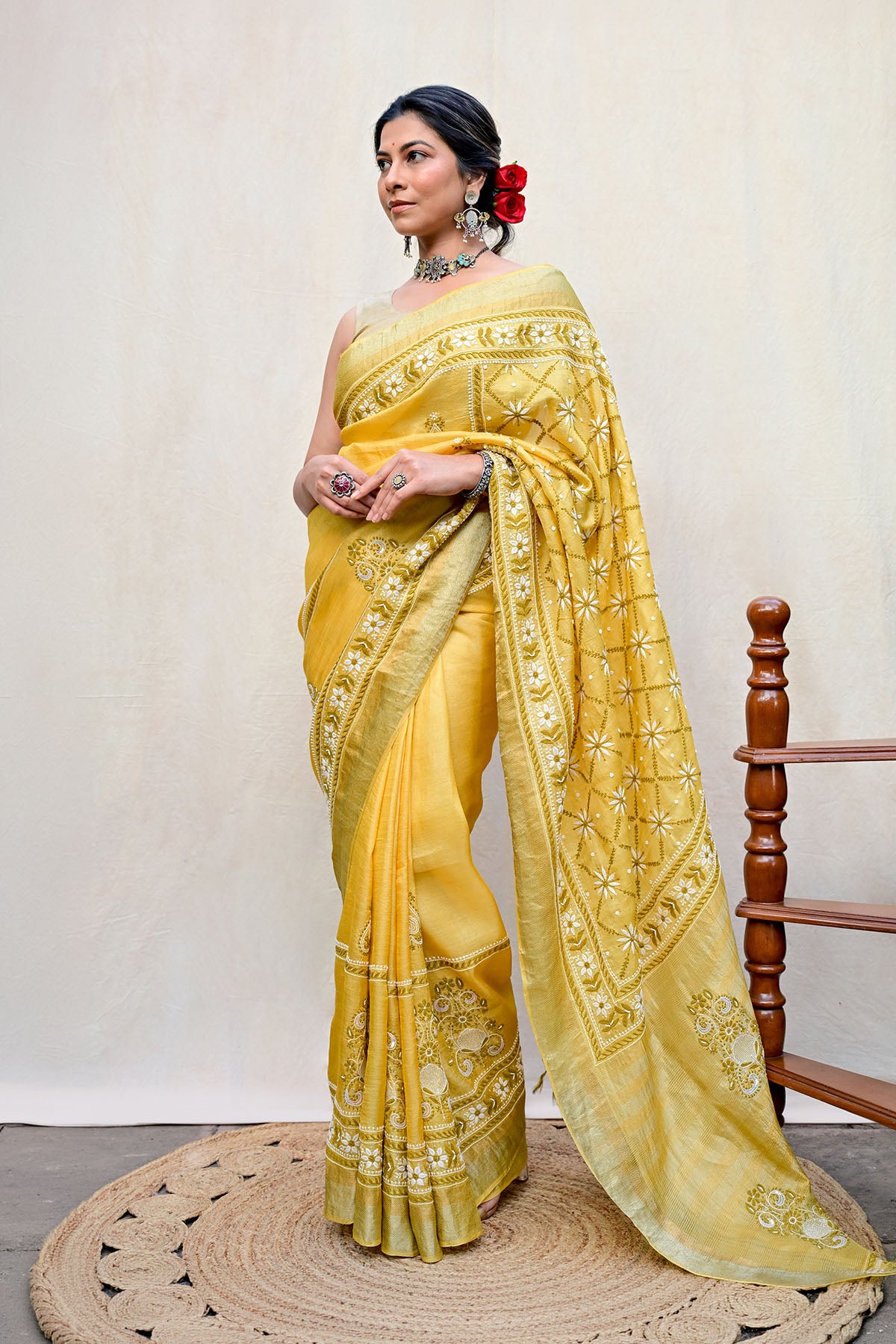 Mustard Yellow Tussar Moonga Chikankari Saree