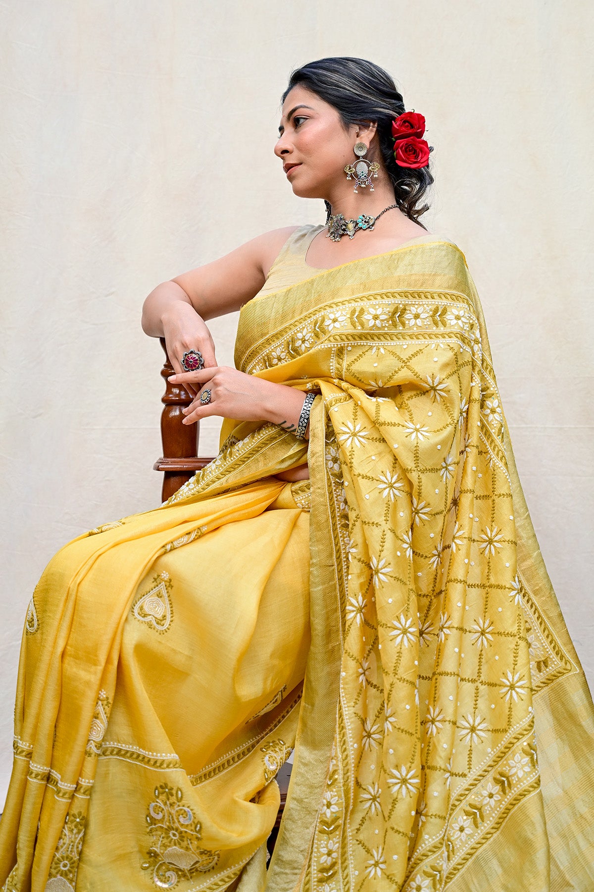 Mustard Yellow Tussar Moonga Chikankari Saree