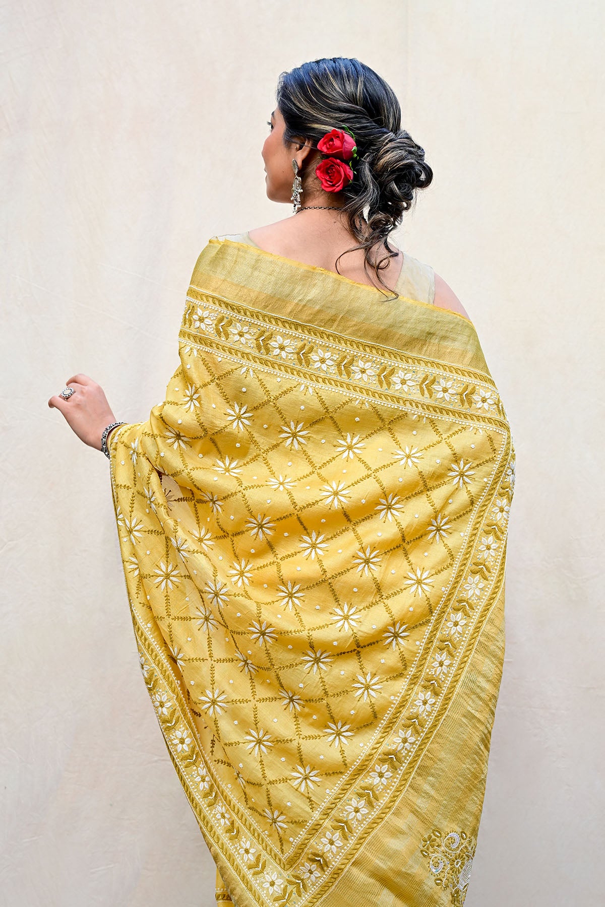 Mustard Yellow Tussar Moonga Chikankari Saree