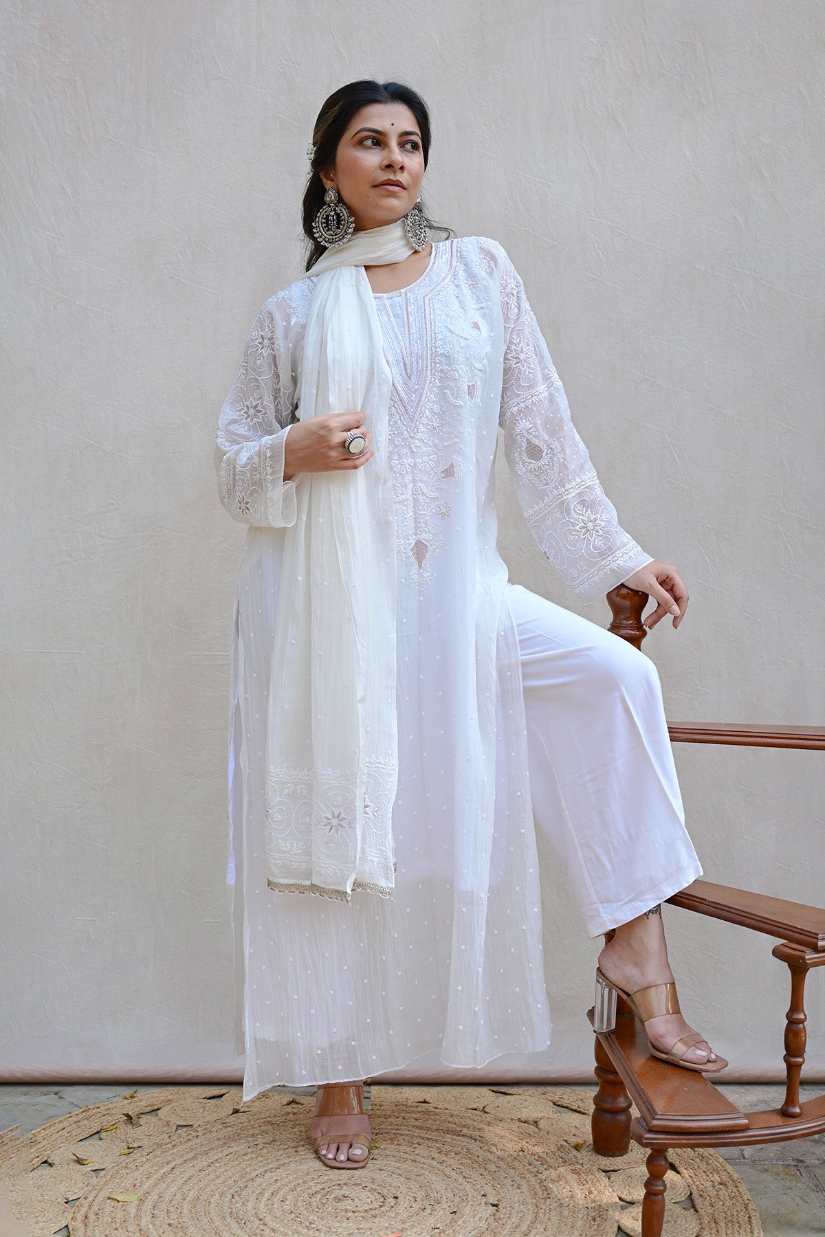 White Mul Chanderi Chikankari Suit