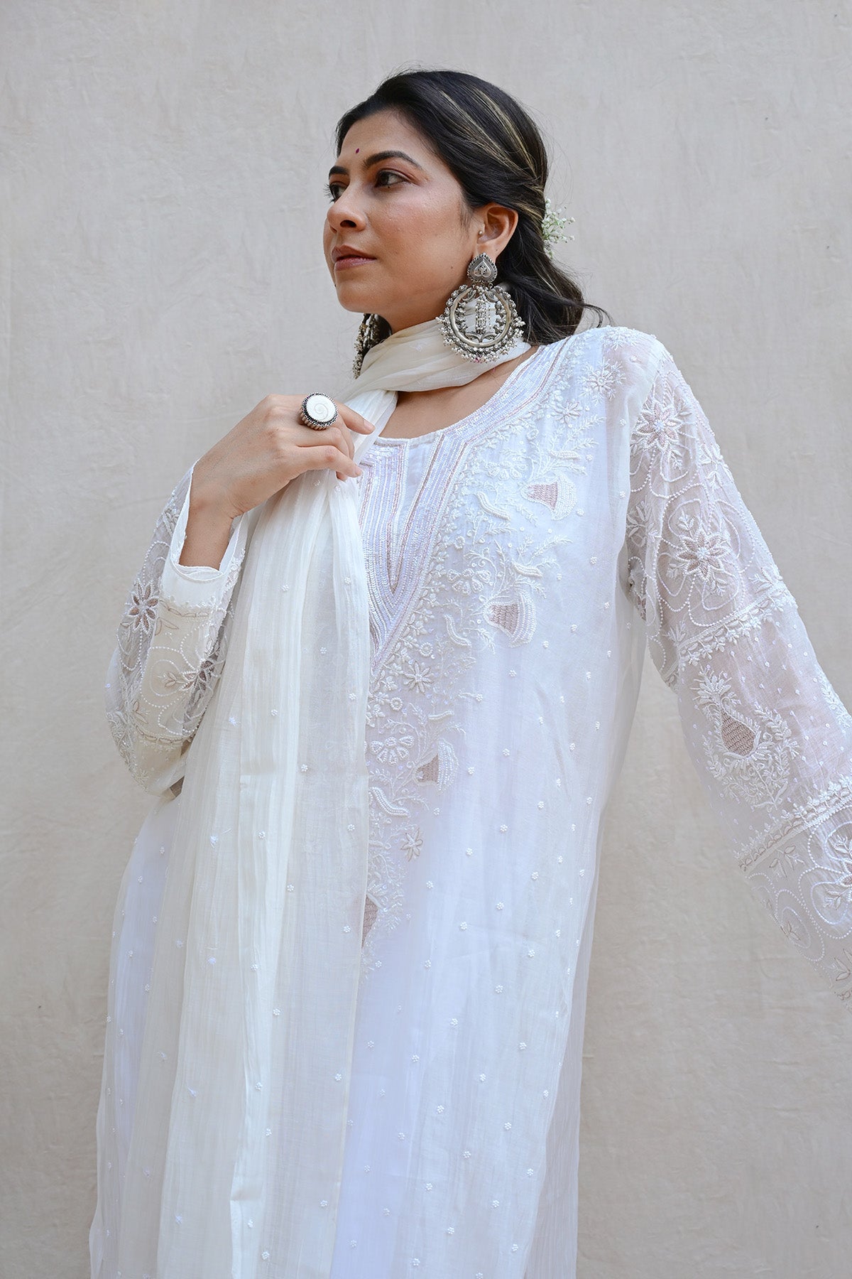 White Mul Chanderi Chikankari Suit
