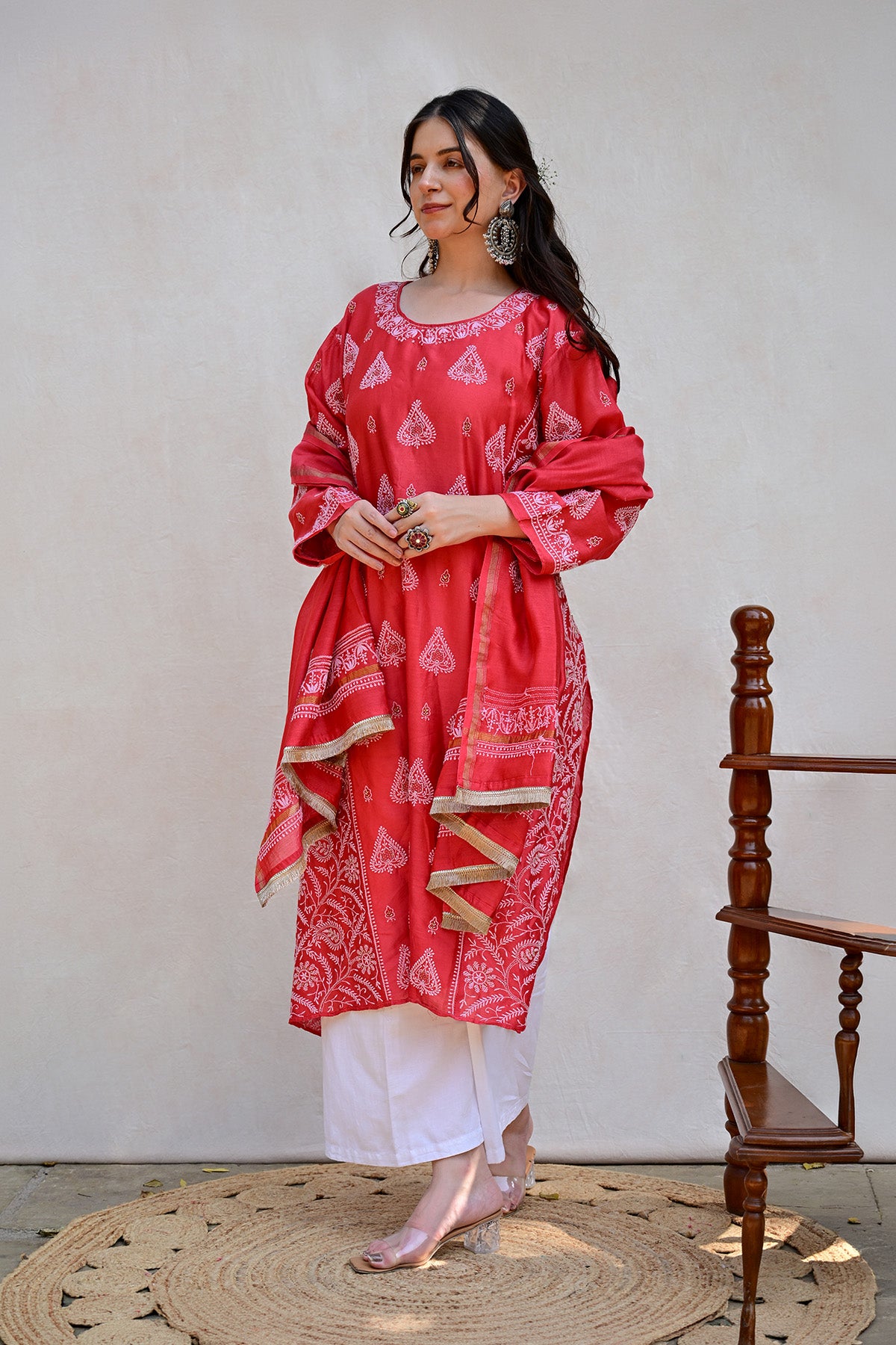 Ruby Red Chanderi Chikankari Suit