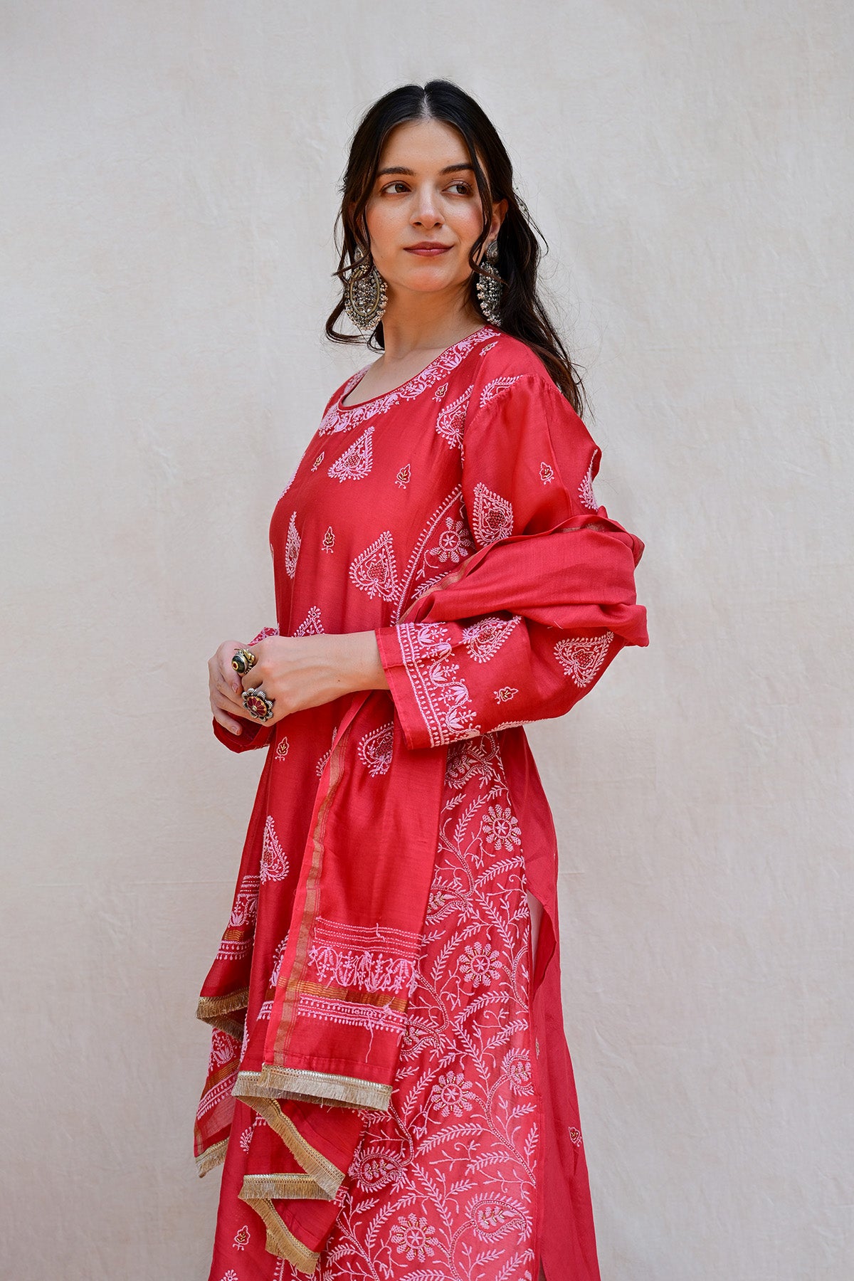 Ruby Red Chanderi Chikankari Suit