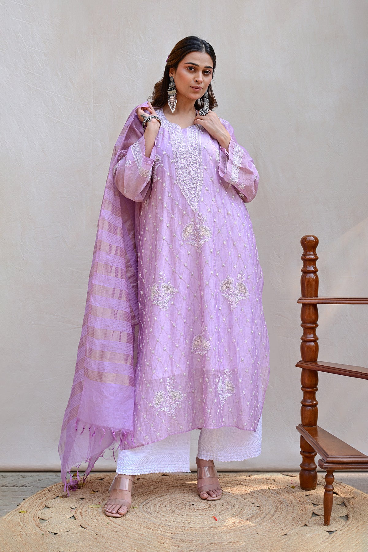 Light Lavender Tissue Chanderi Chikankari Suit