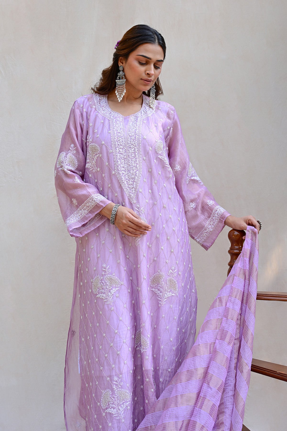Light Lavender Tissue Chanderi Chikankari Suit