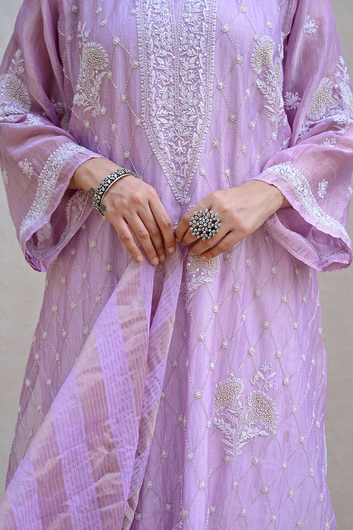 Light Lavender Tissue Chanderi Chikankari Suit
