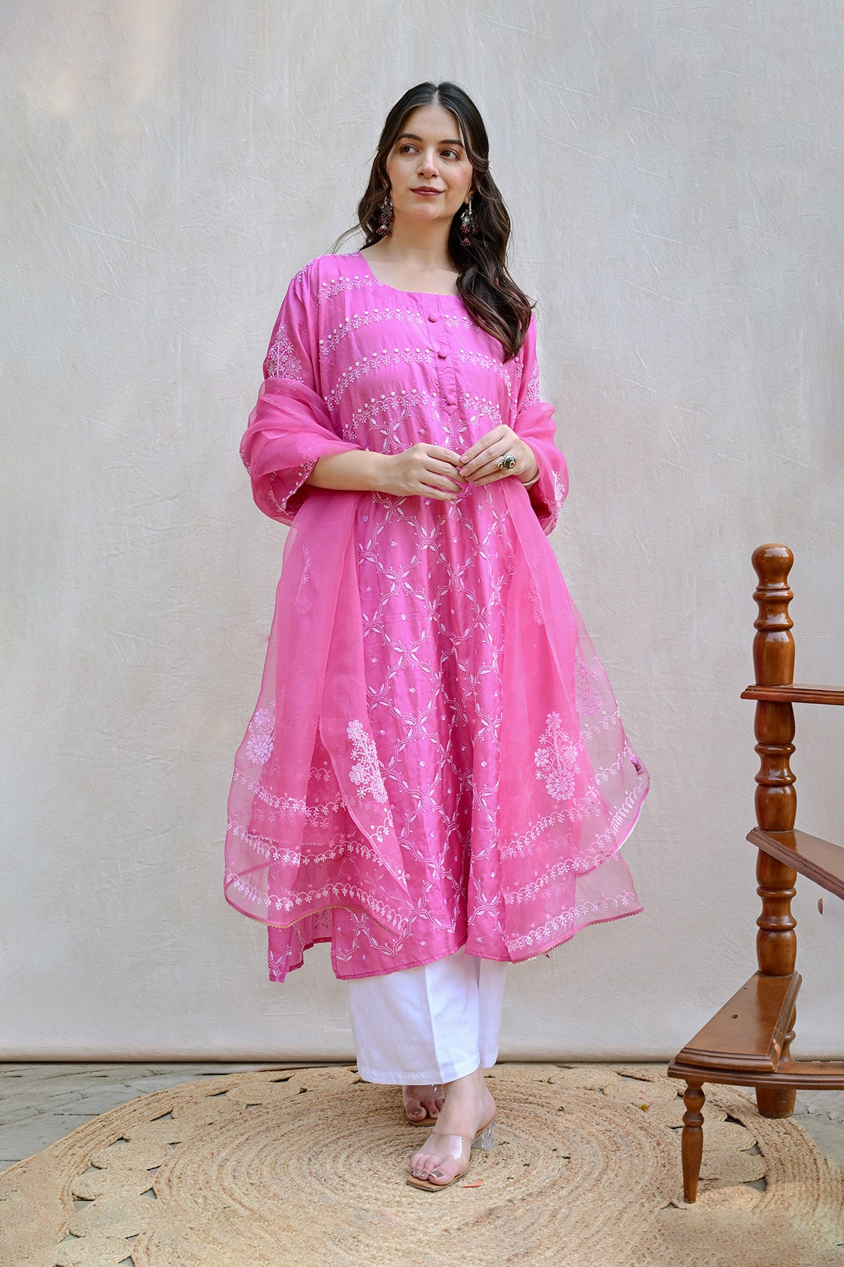 Fuchsia Pink Bangalore Silk Chikankari Suit
