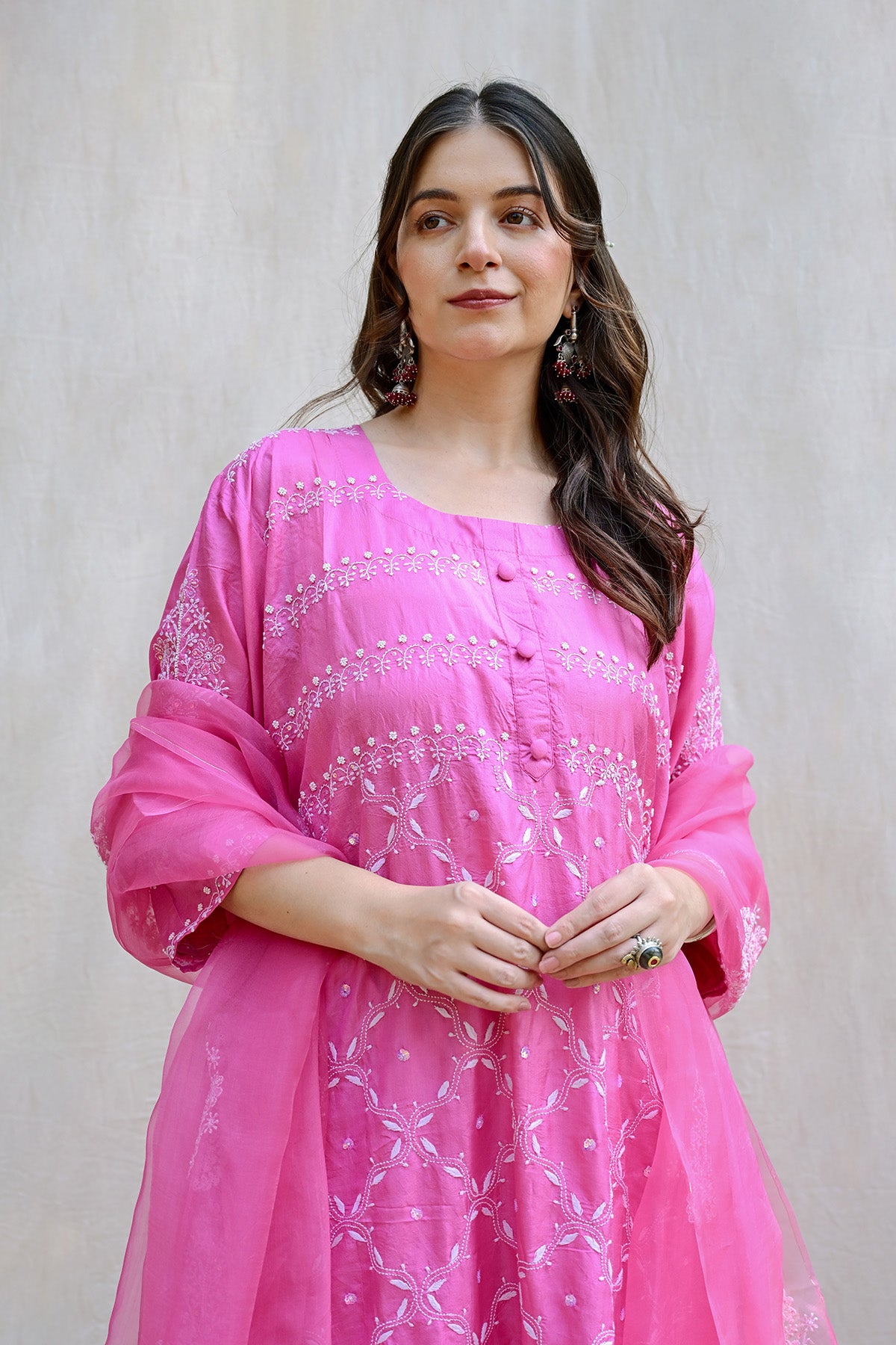 Fuchsia Pink Bangalore Silk Chikankari Suit
