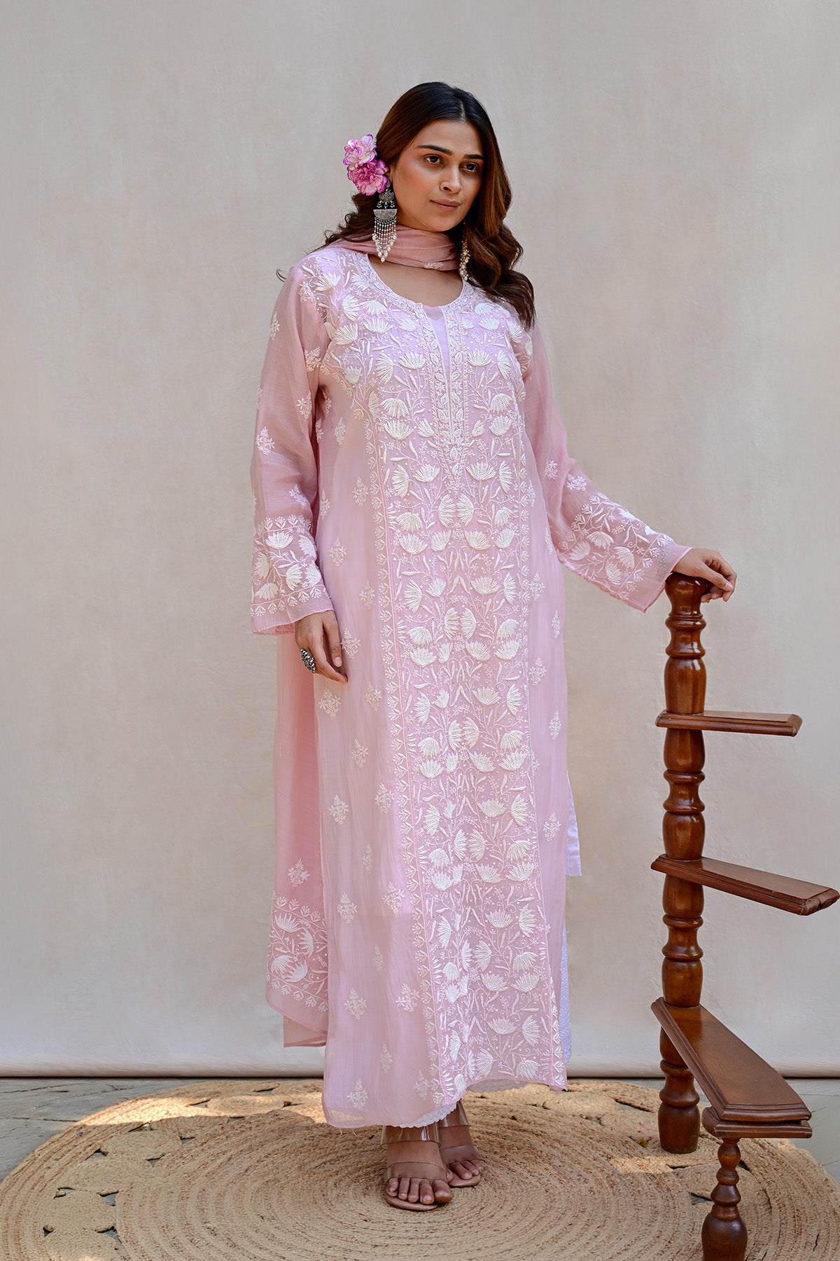 Bubblegum Pink Mul Chanderi Chikankari Suit