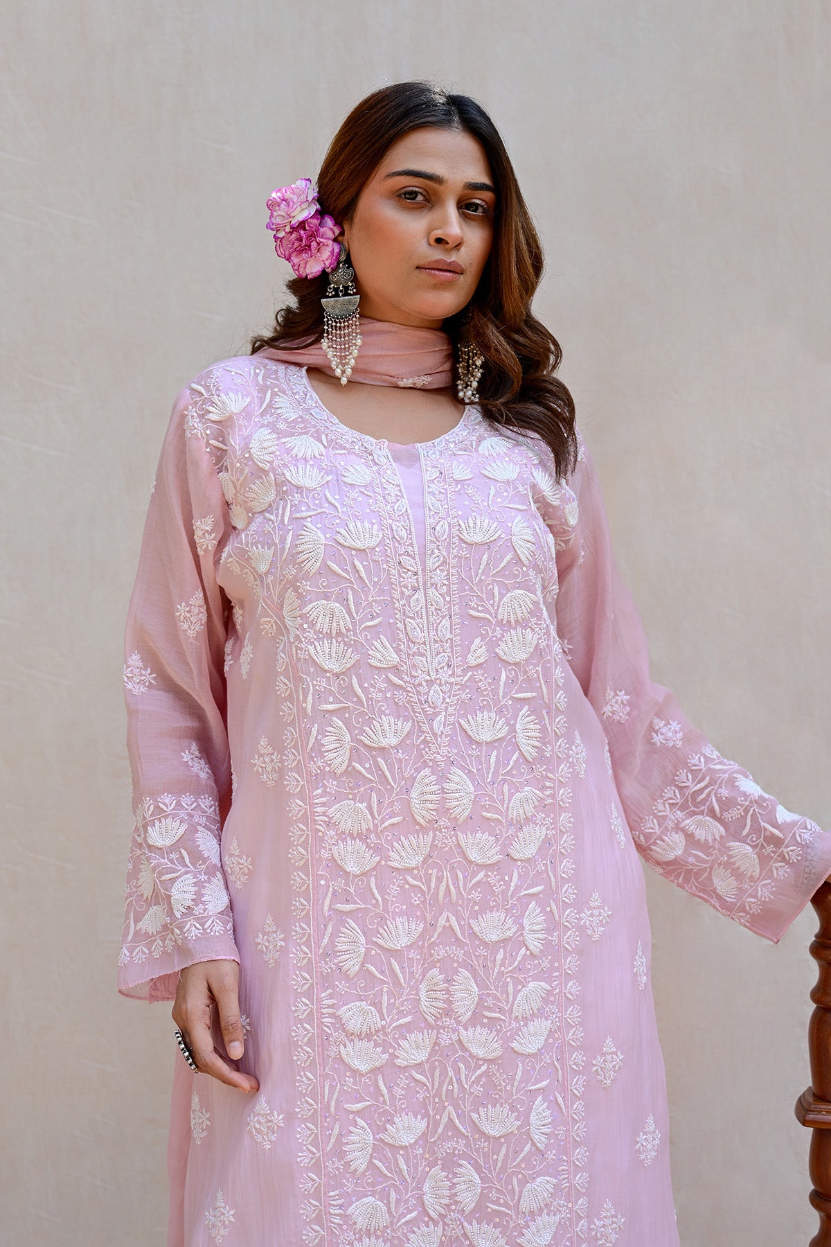 Bubblegum Pink Mul Chanderi Chikankari Suit