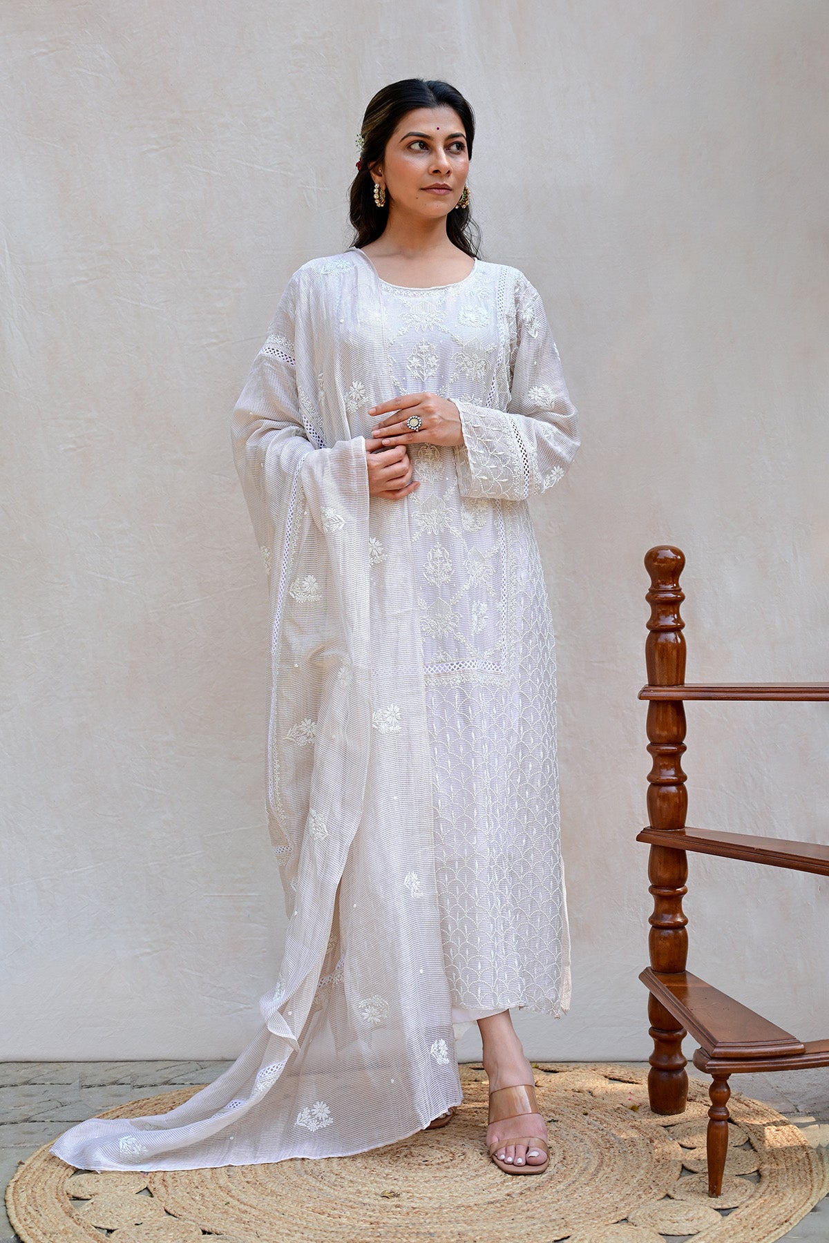 Beige Tissue Chanderi Chikankari Suit