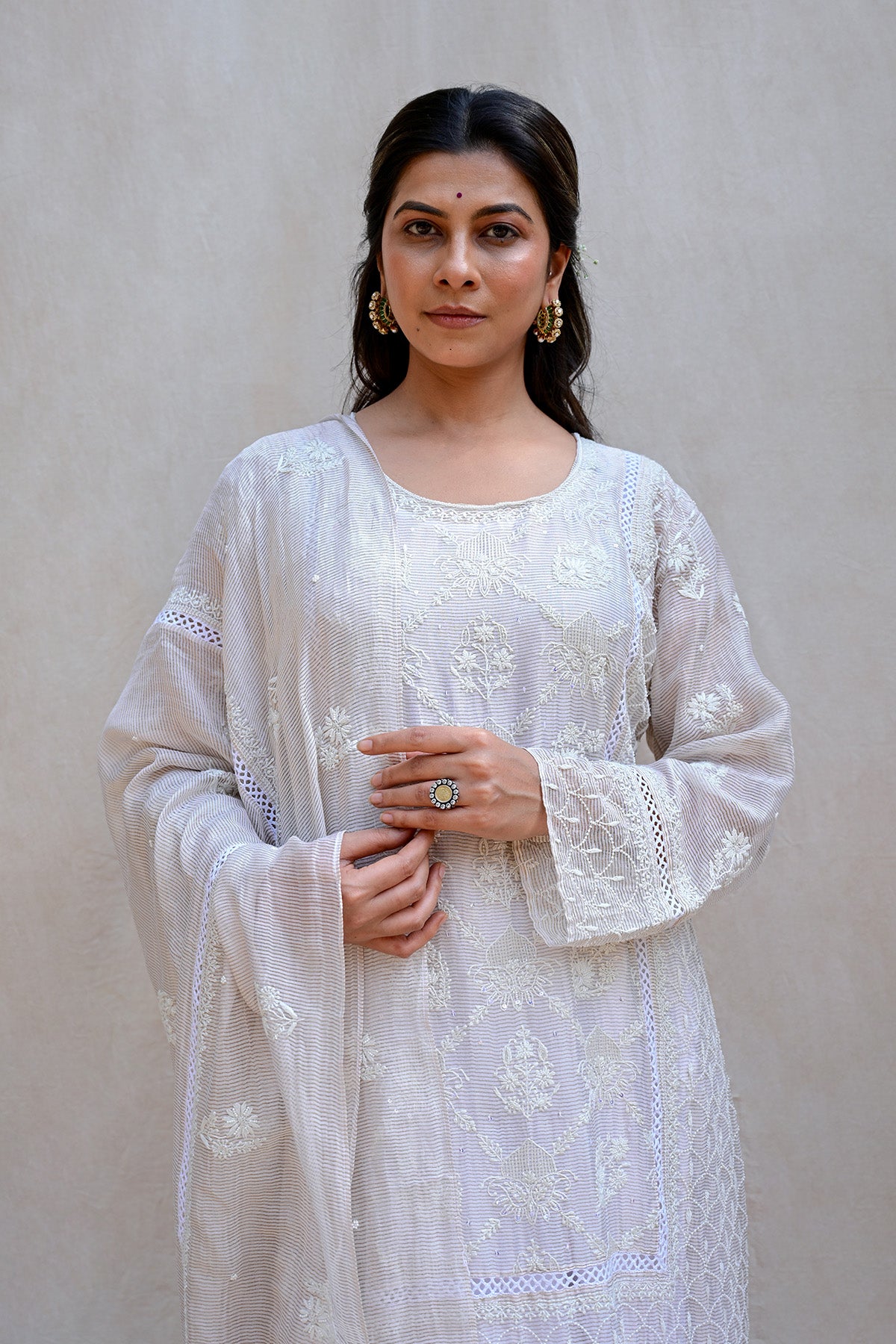 Beige Tissue Chanderi Chikankari Suit